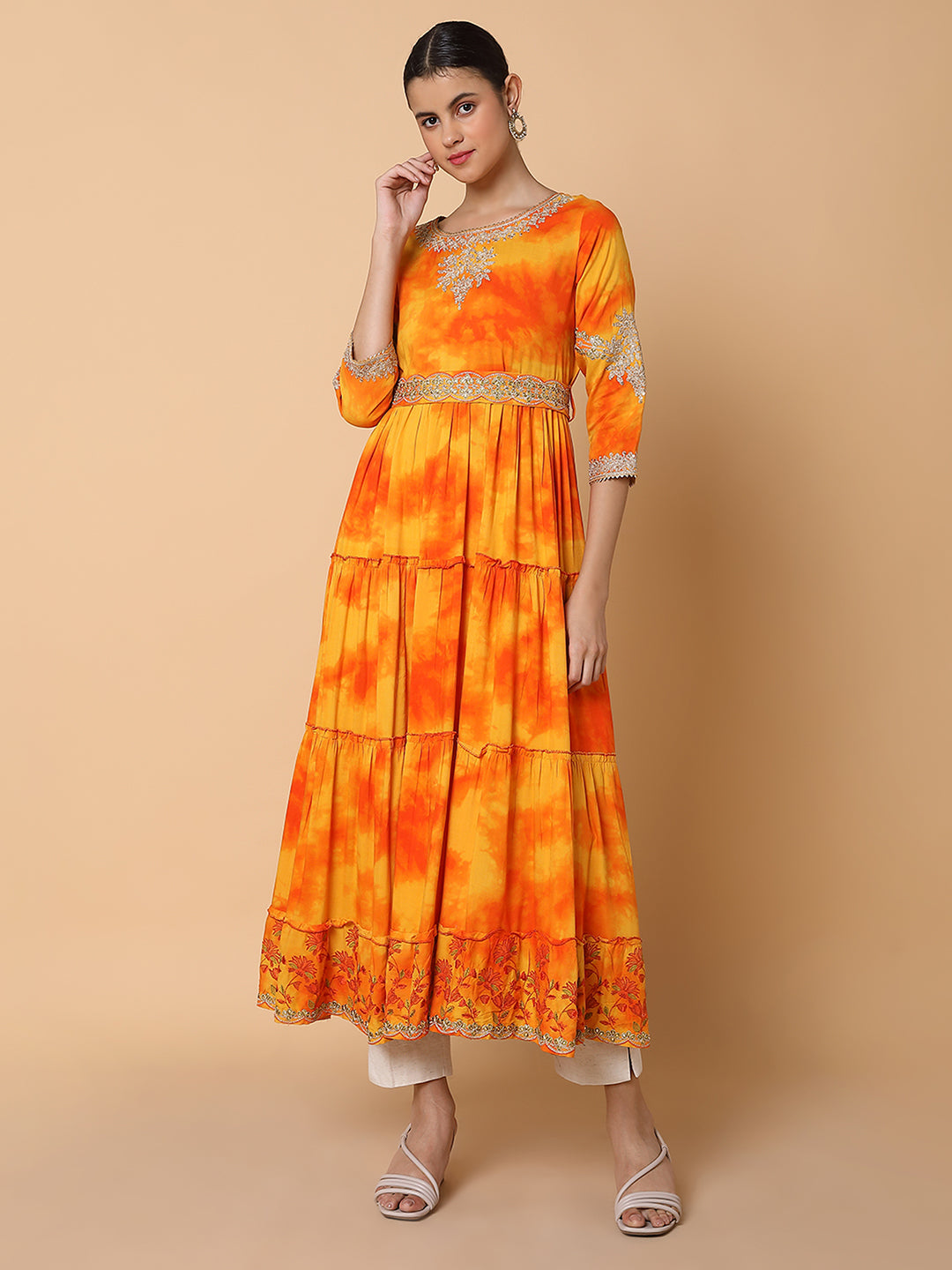 Women Solid Orange Anarkali Kurta with Belt