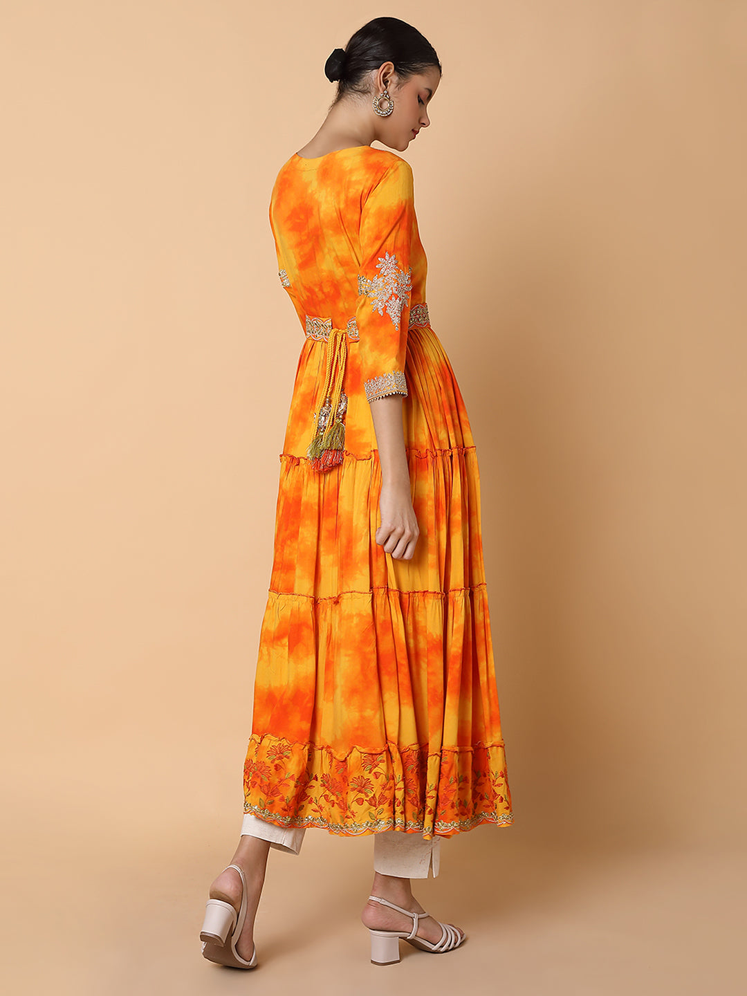 Women Solid Orange Anarkali Kurta with Belt