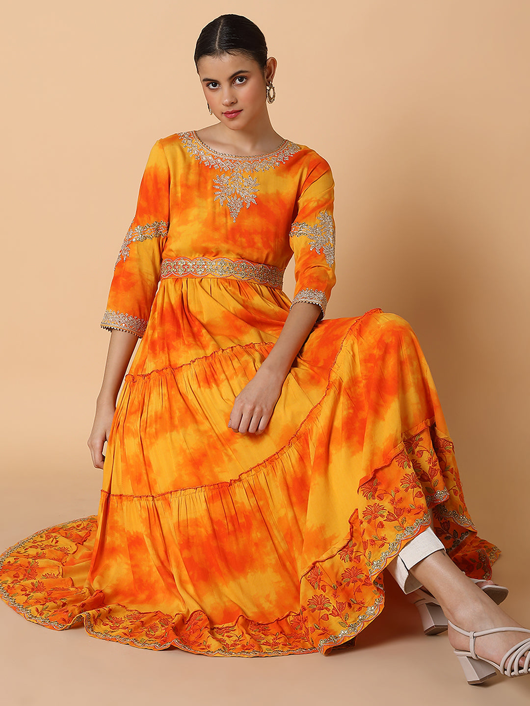 Women Solid Orange Anarkali Kurta with Belt