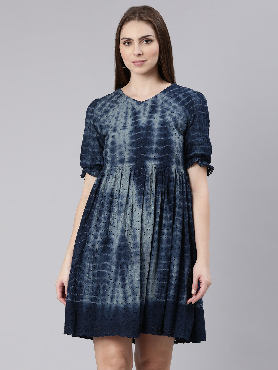 Women Navy Blue Self Design Empire Dress