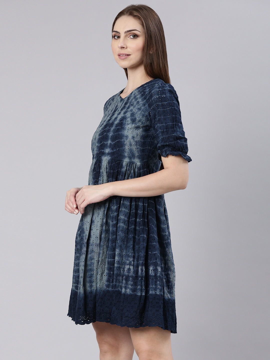 Women Navy Blue Self Design Empire Dress