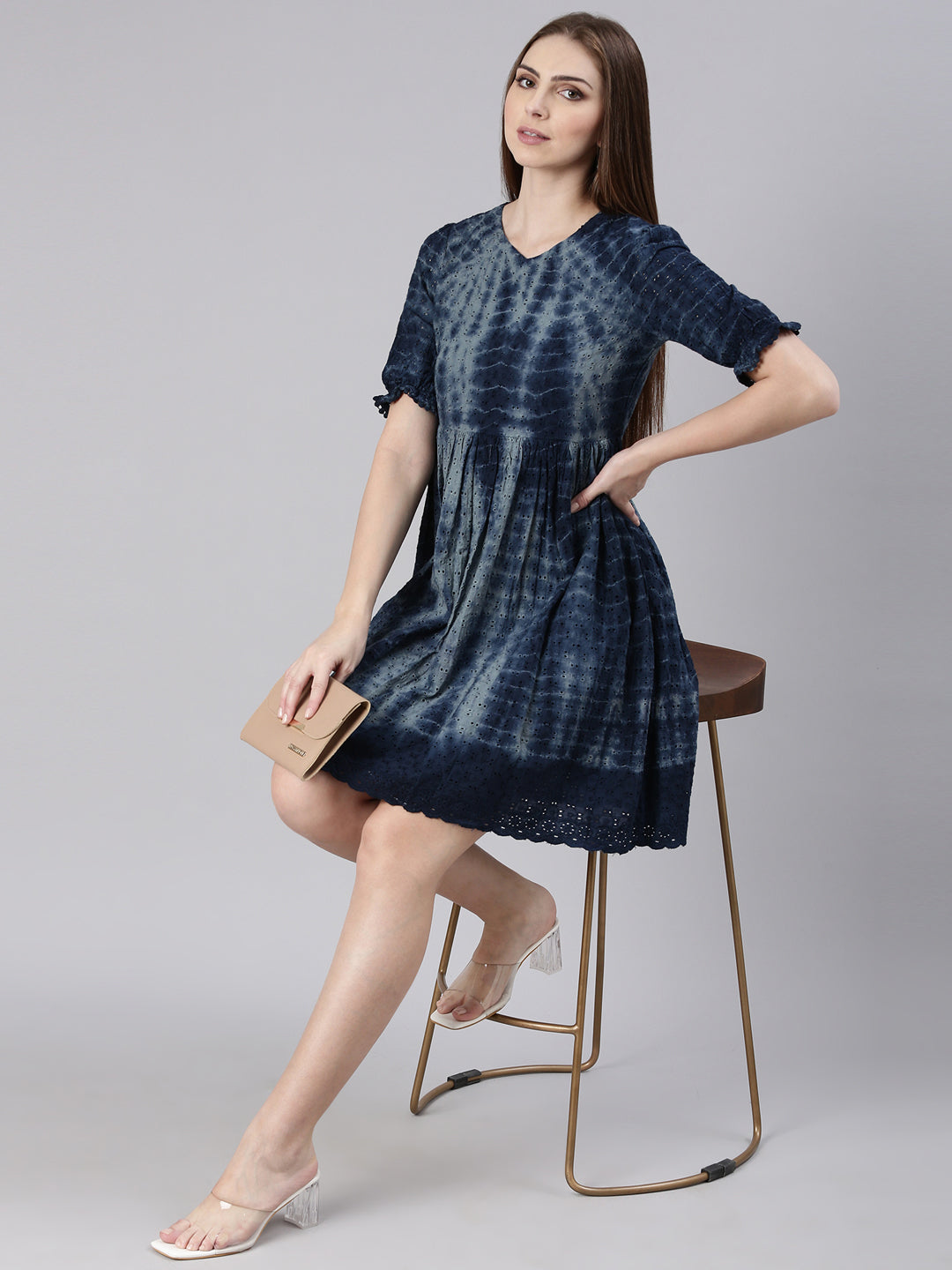 Women Navy Blue Self Design Empire Dress