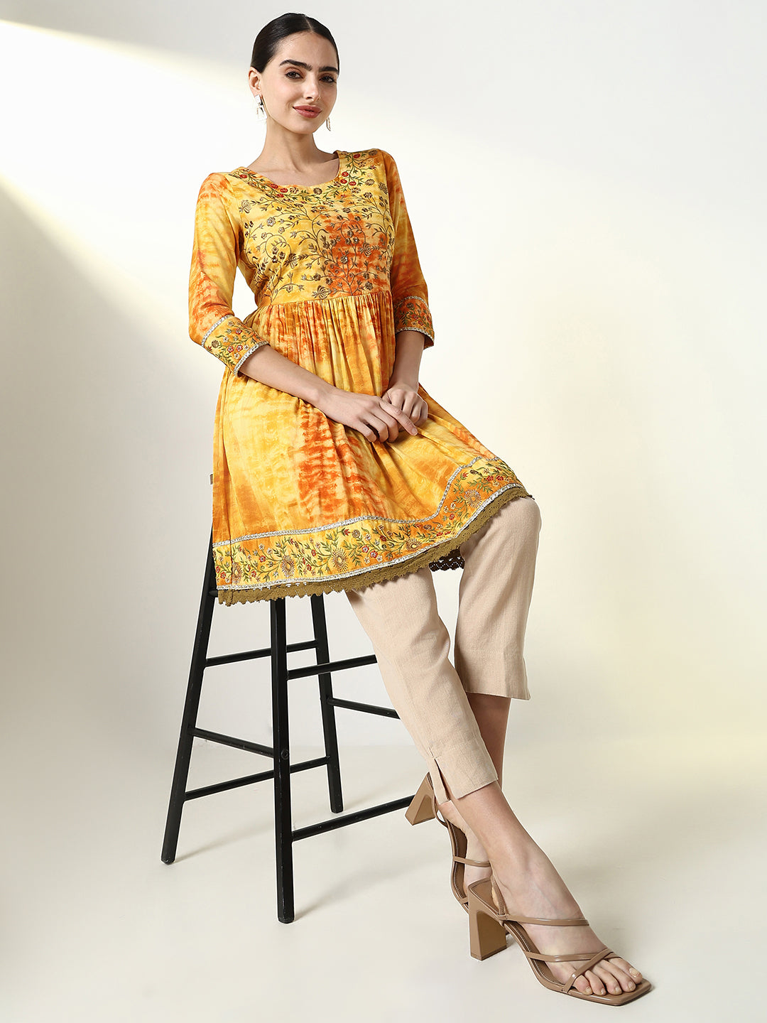 Women's Mustard Tie Dye Anarkali Kurti