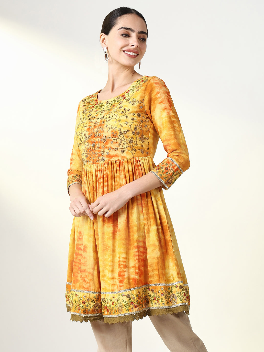 Women's Mustard Tie Dye Anarkali Kurti