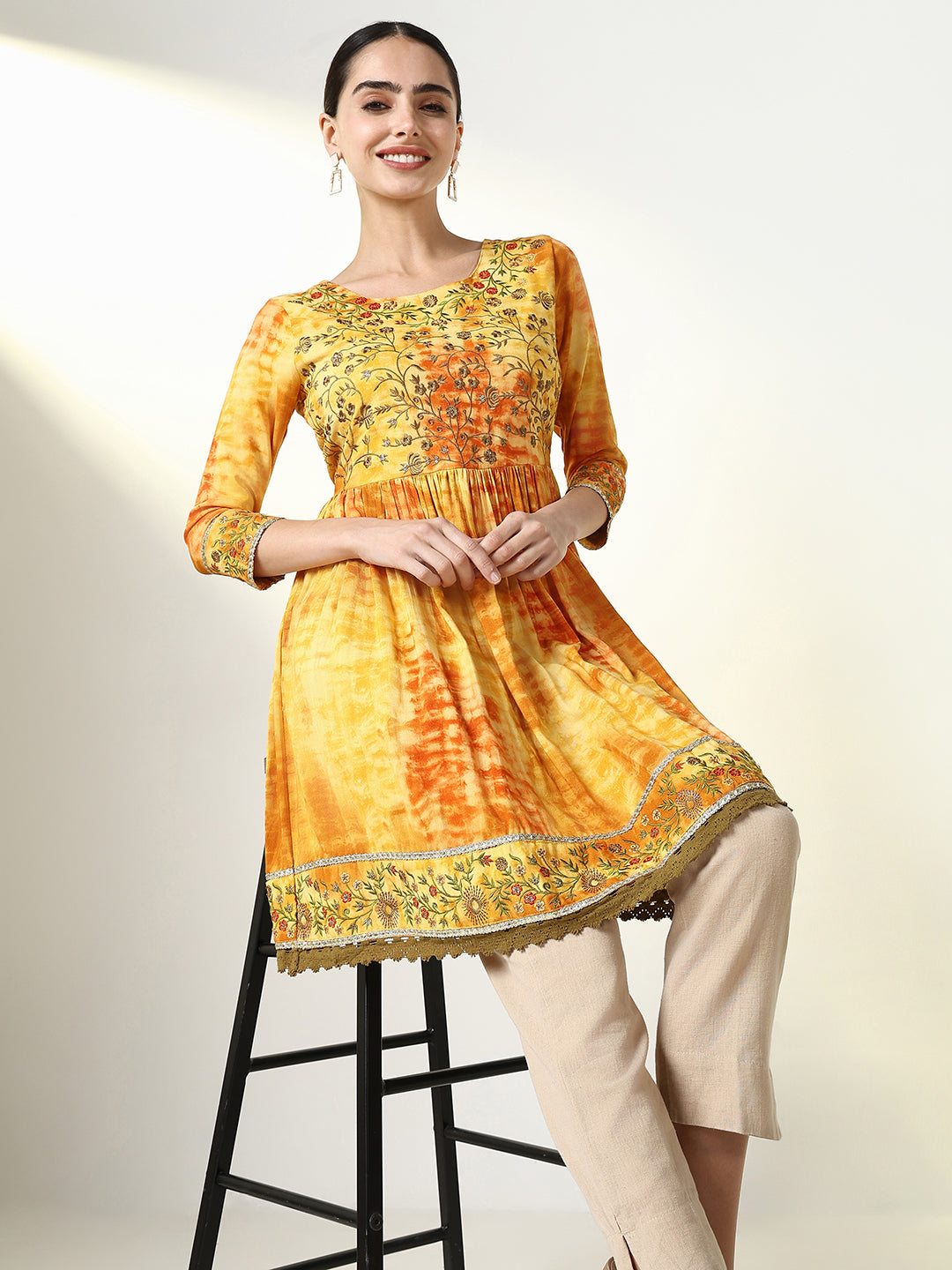 Women's Mustard Tie Dye Anarkali Kurti