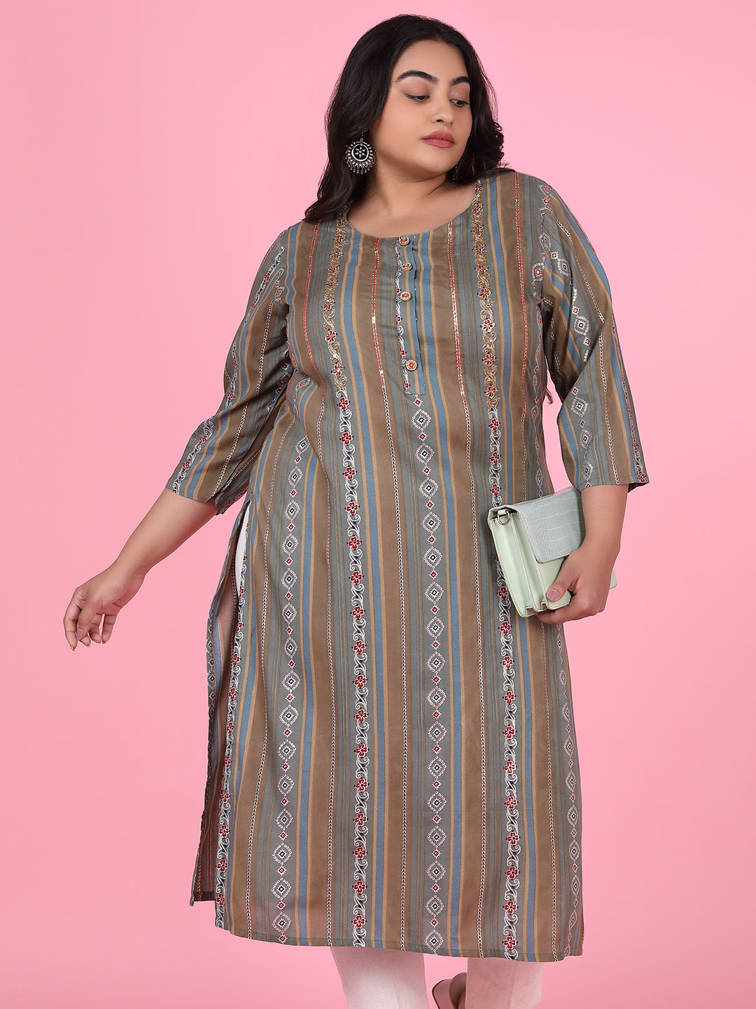 Women Olive Floral Straight Kurta