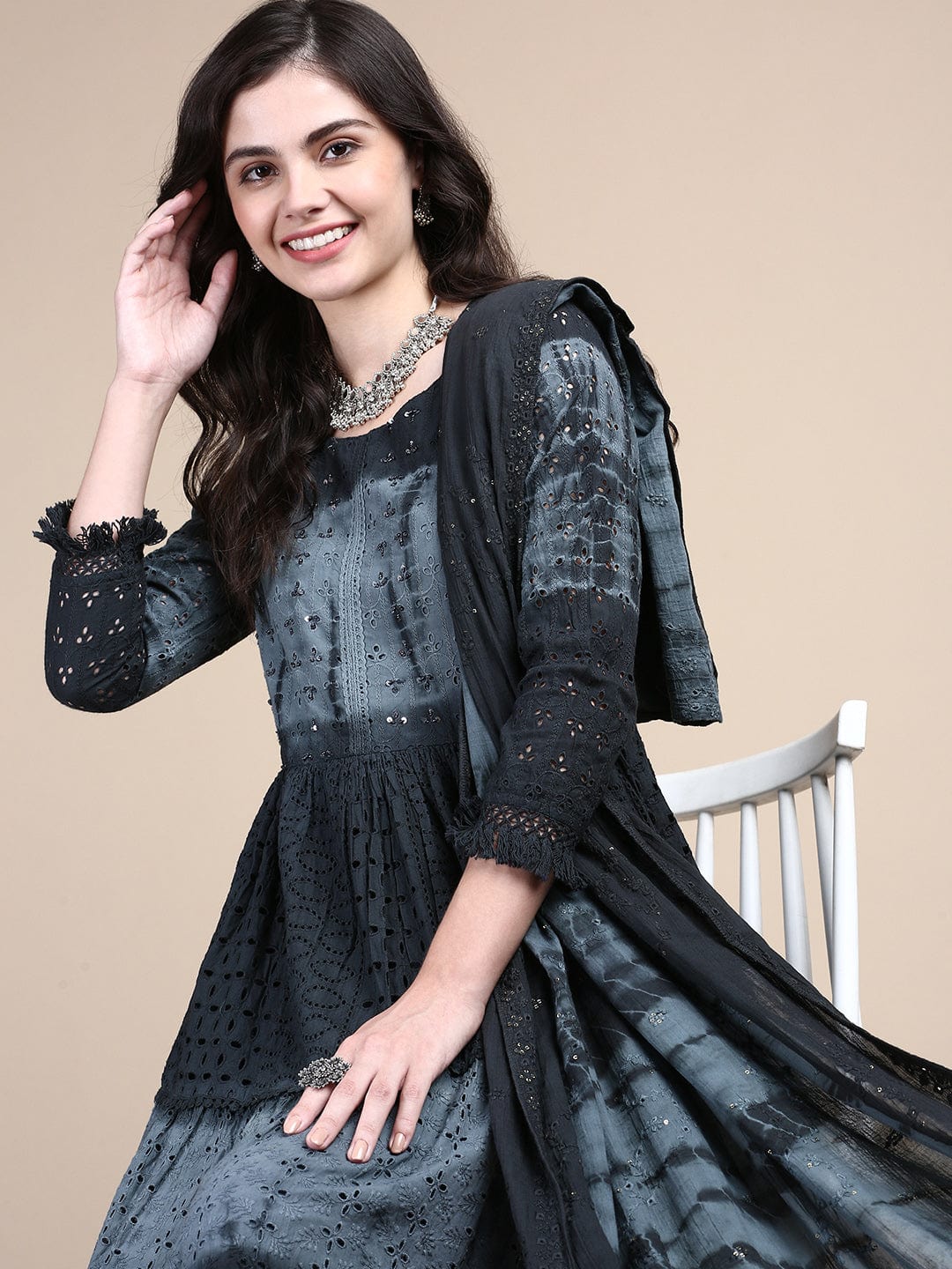 Women's Floral Charcoal Anarkali Kurta Set with Dupatta and Potli Bag