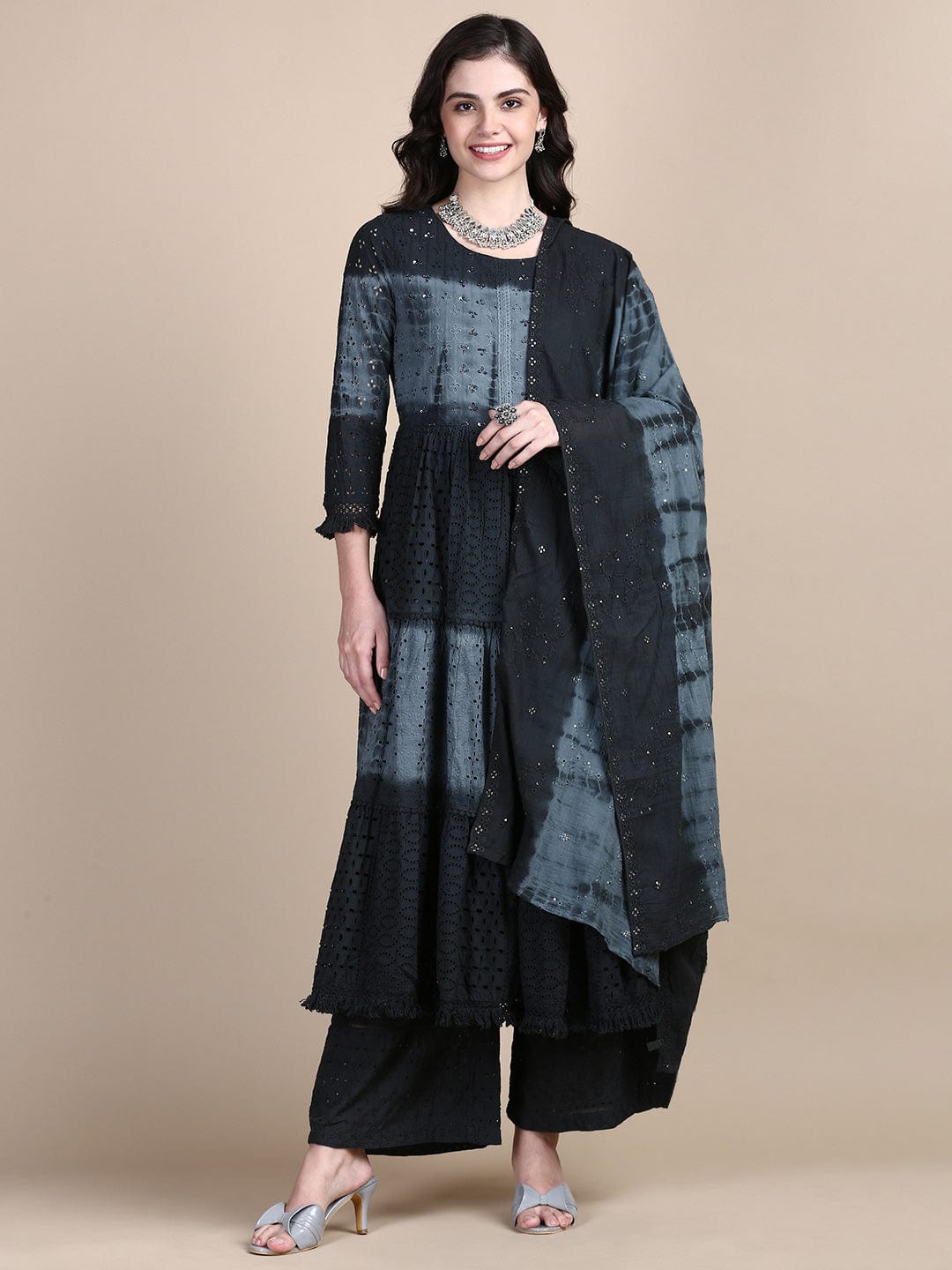 Women's Floral Charcoal Anarkali Kurta Set with Dupatta and Potli Bag