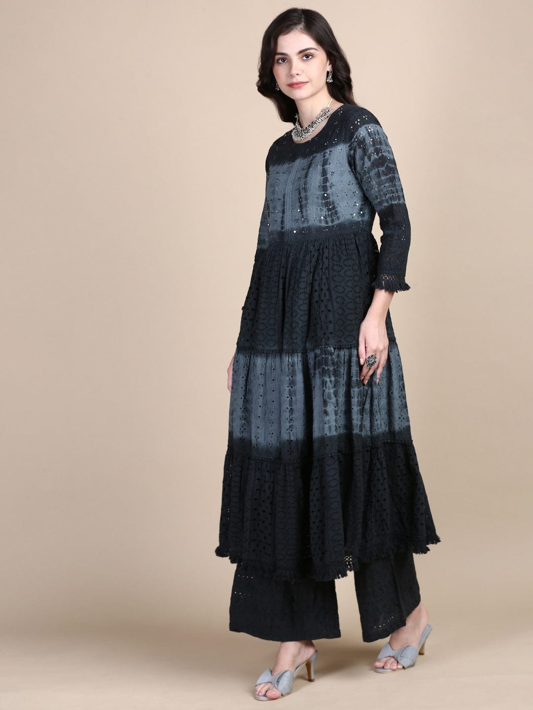 Women's Floral Charcoal Anarkali Kurta Set with Dupatta and Potli Bag