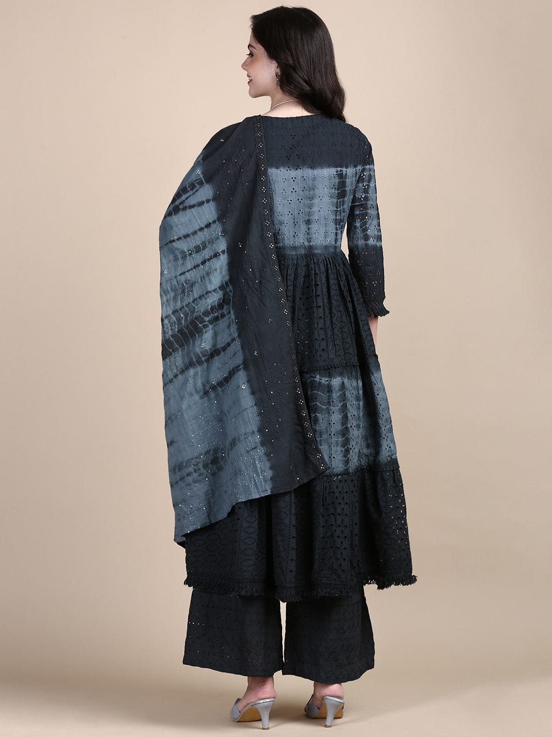 Women's Floral Charcoal Anarkali Kurta Set with Dupatta and Potli Bag