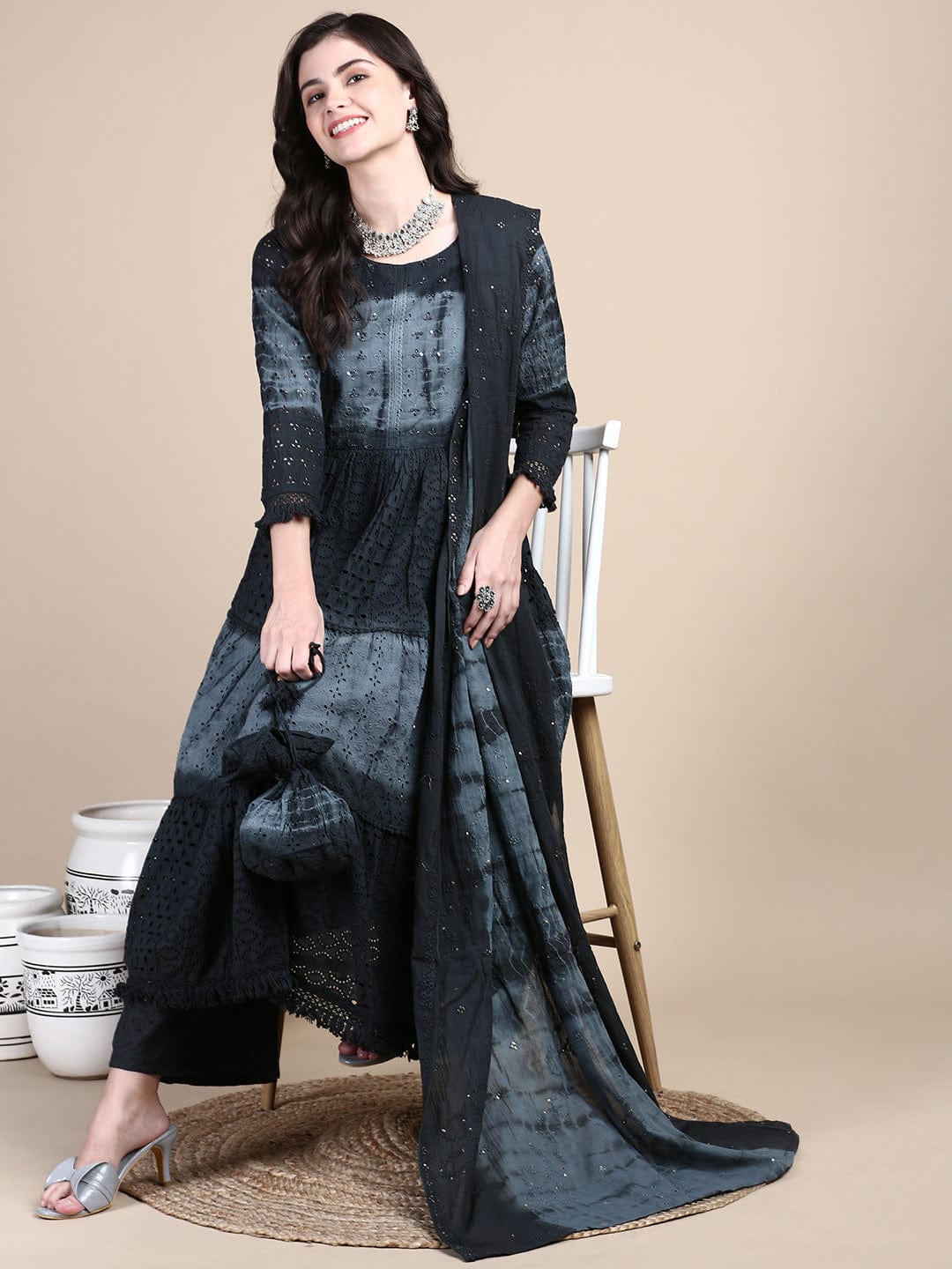 Women's Floral Charcoal Anarkali Kurta Set with Dupatta and Potli Bag