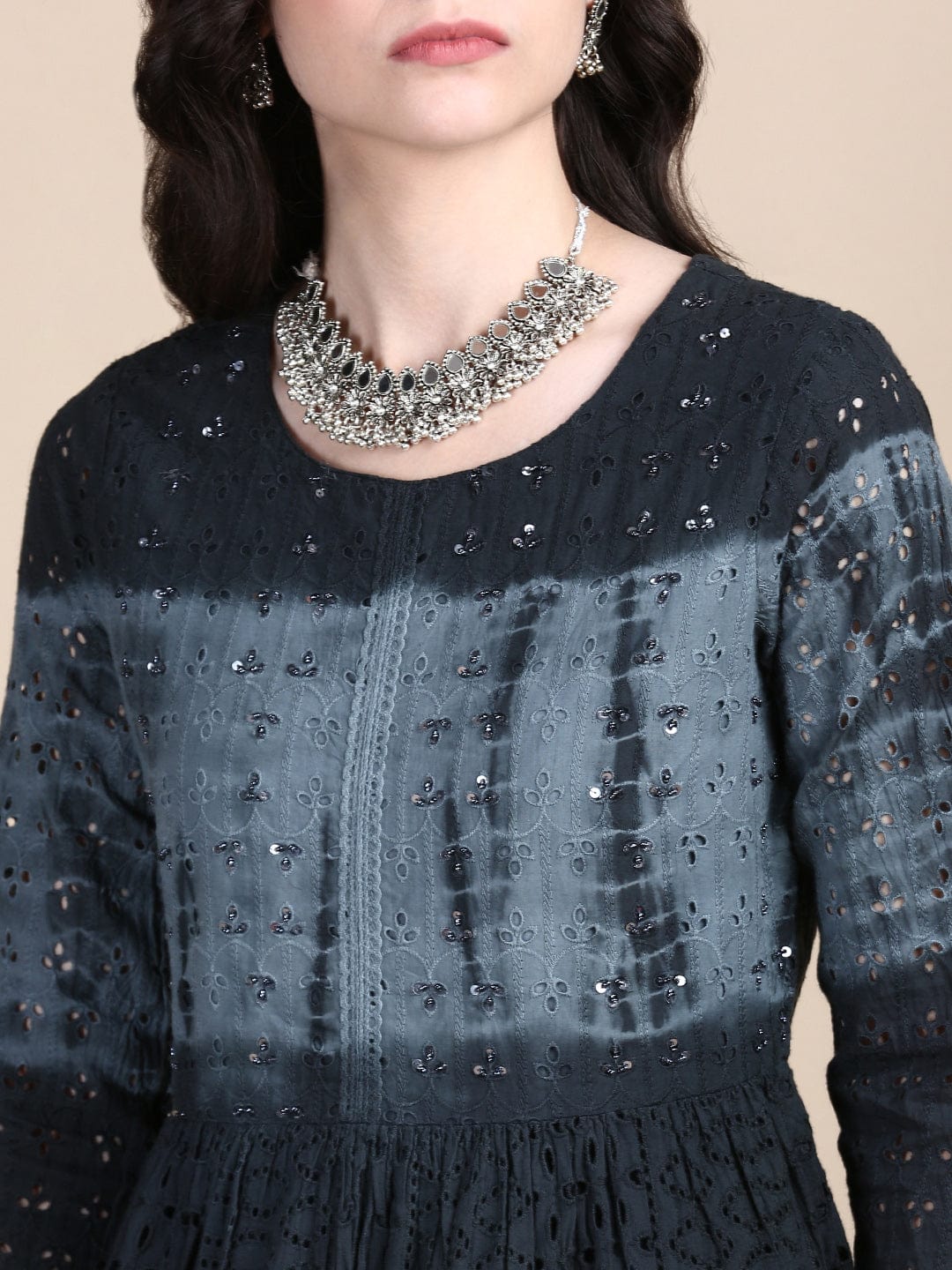 Women's Floral Charcoal Anarkali Kurta Set with Dupatta and Potli Bag