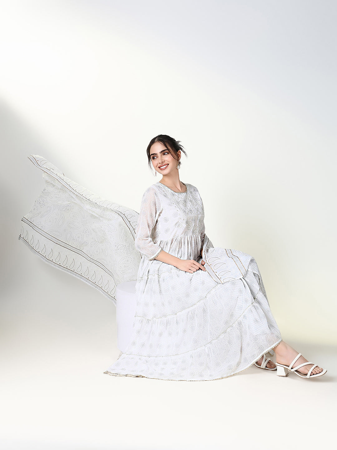 Women Floral White Anarkali Kurta Set with Dupatta