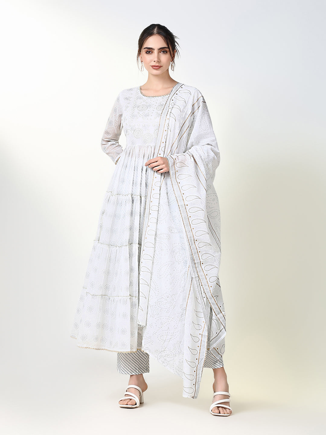 Women Floral White Anarkali Kurta Set with Dupatta