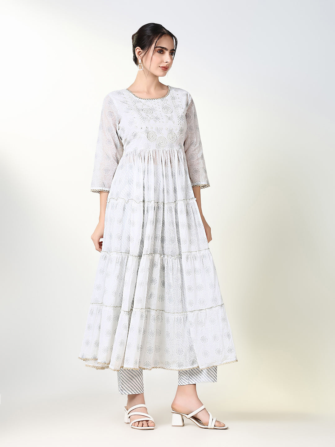 Women Floral White Anarkali Kurta Set with Dupatta