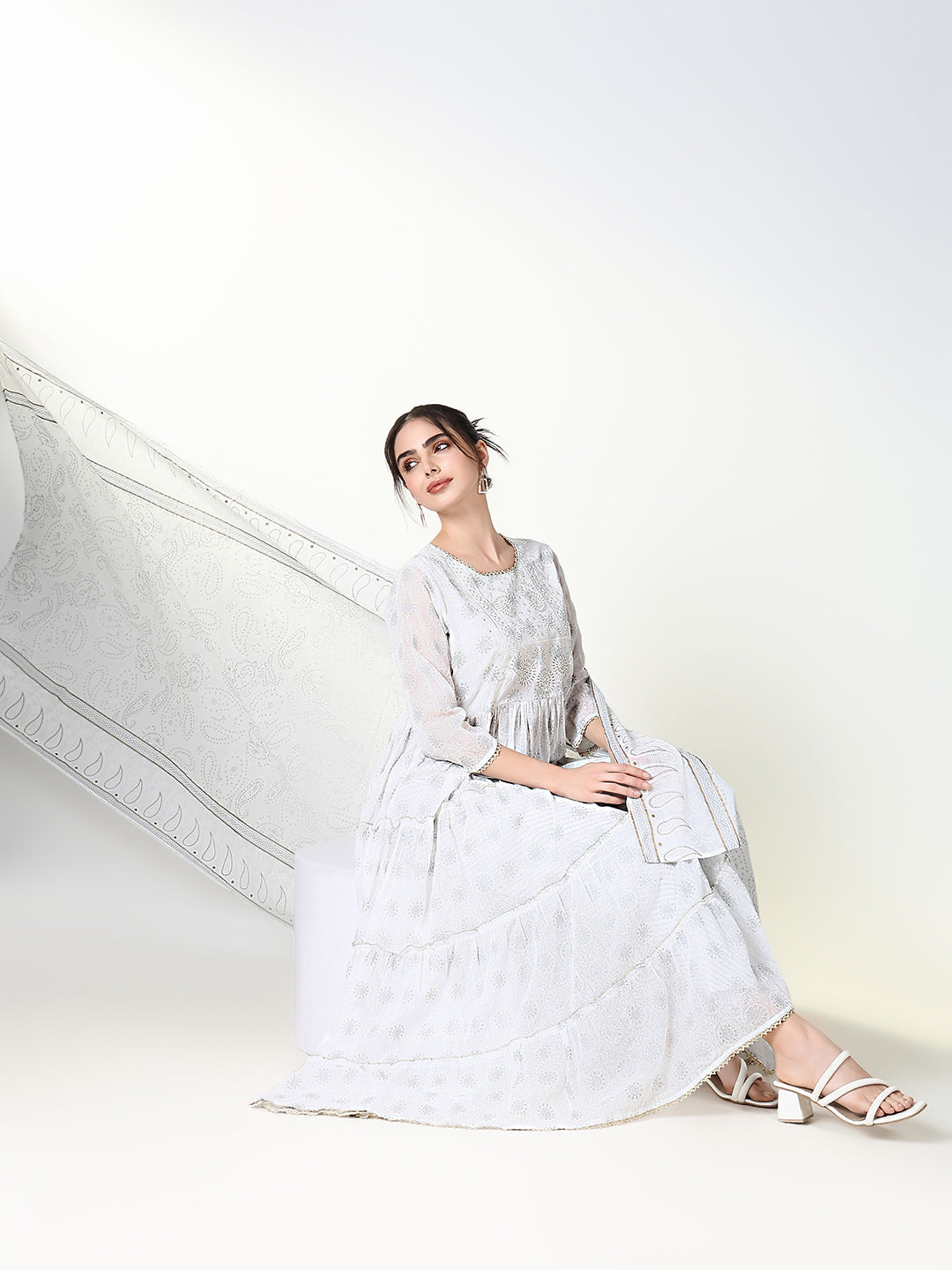 Women Floral White Anarkali Kurta Set with Dupatta