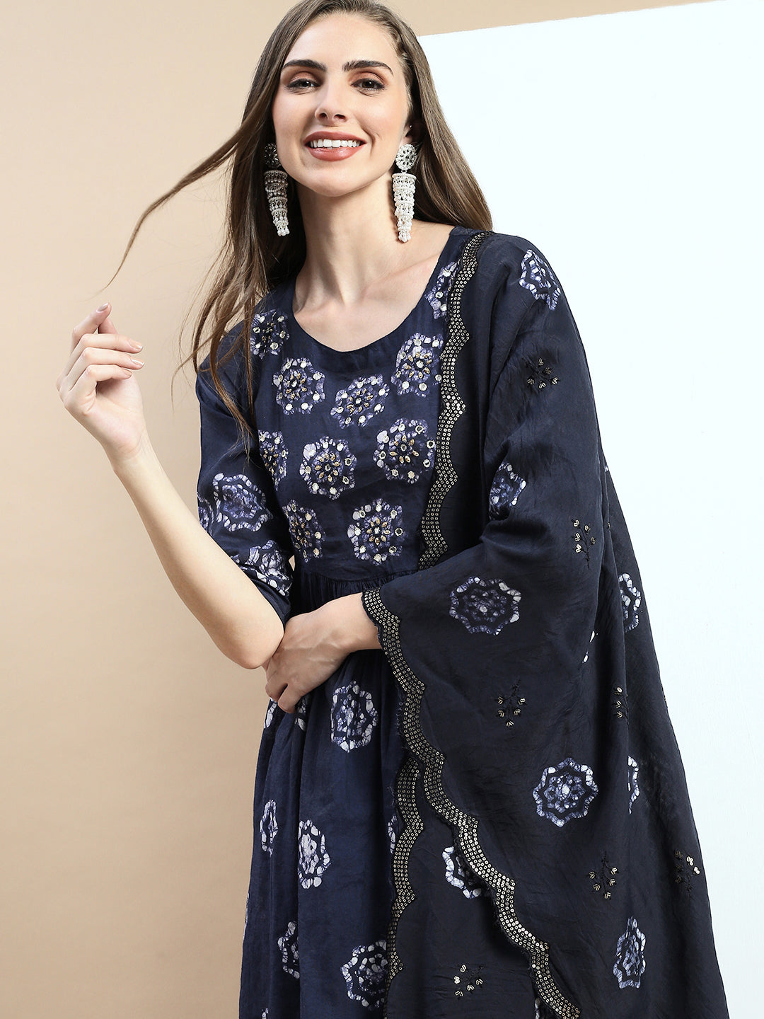 Women Floral Navy Blue A-Line Kurta Set