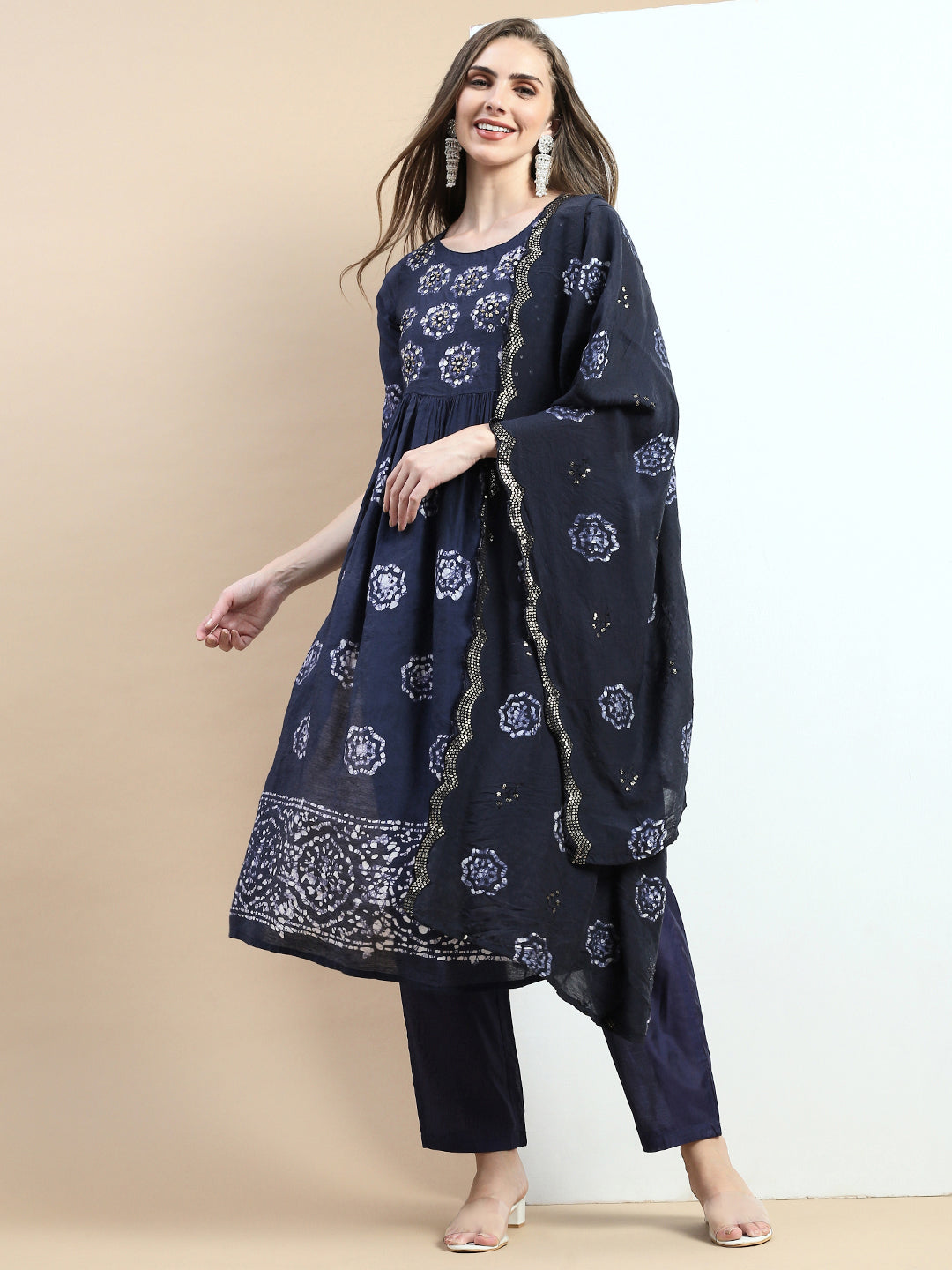 Women Floral Navy Blue A-Line Kurta Set