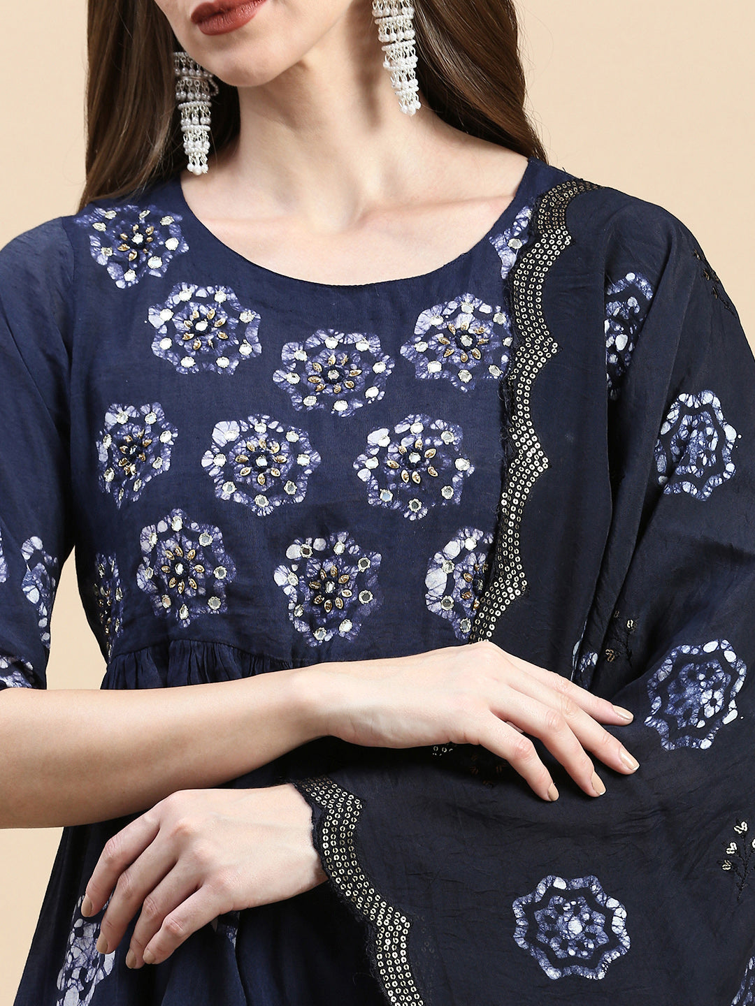 Women Floral Navy Blue A-Line Kurta Set