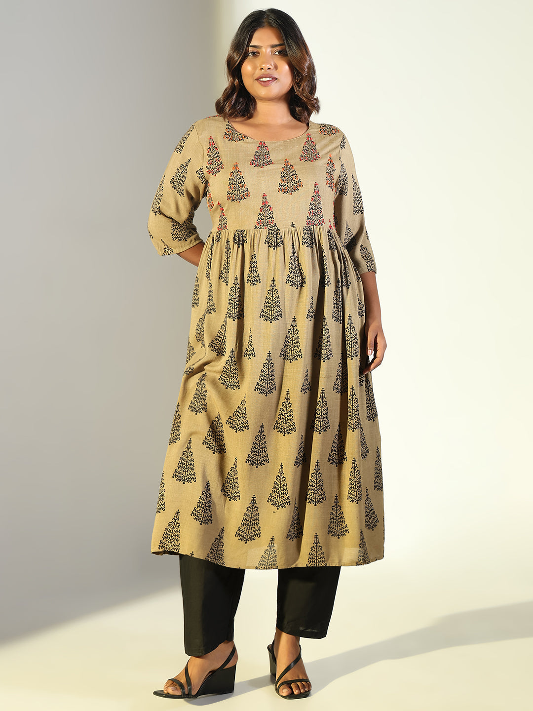 Women Beige Graphic Anarkali Kurta