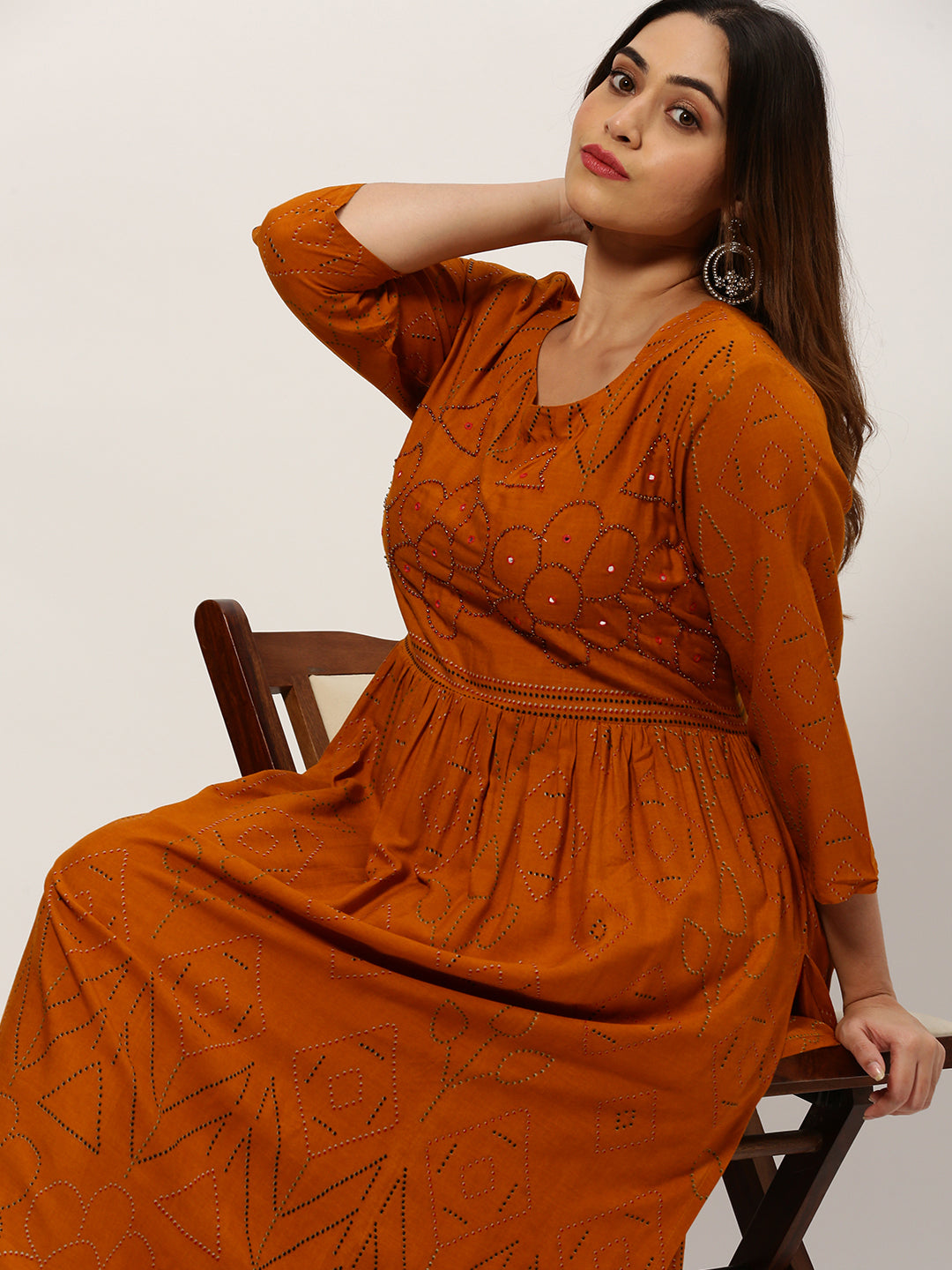 Women Straight Mustard Bandhani Kurta