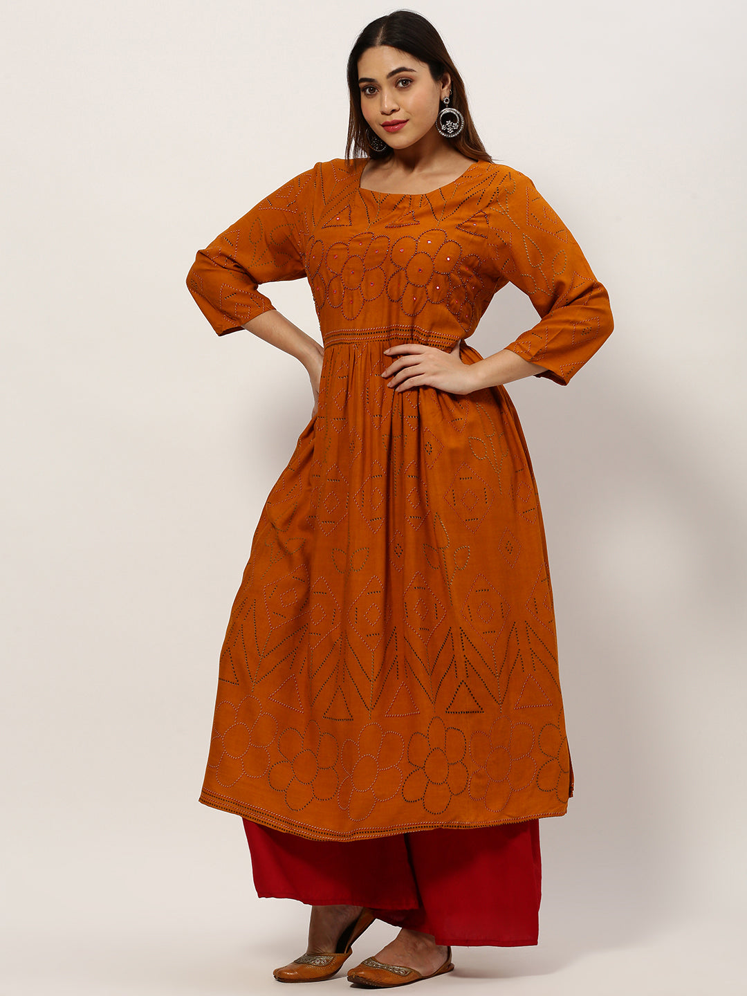 Women Straight Mustard Bandhani Kurta