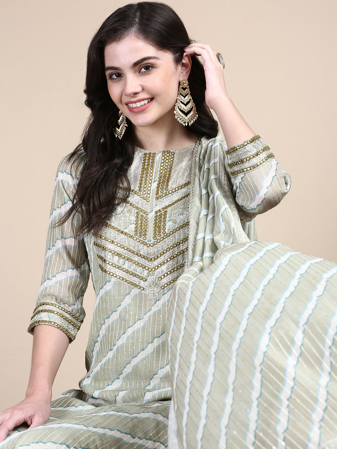 Women Green Leheriya Straight Kurta Set with Dupatta