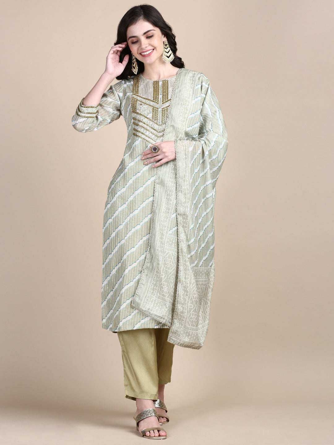 Women Green Leheriya Straight Kurta Set with Dupatta