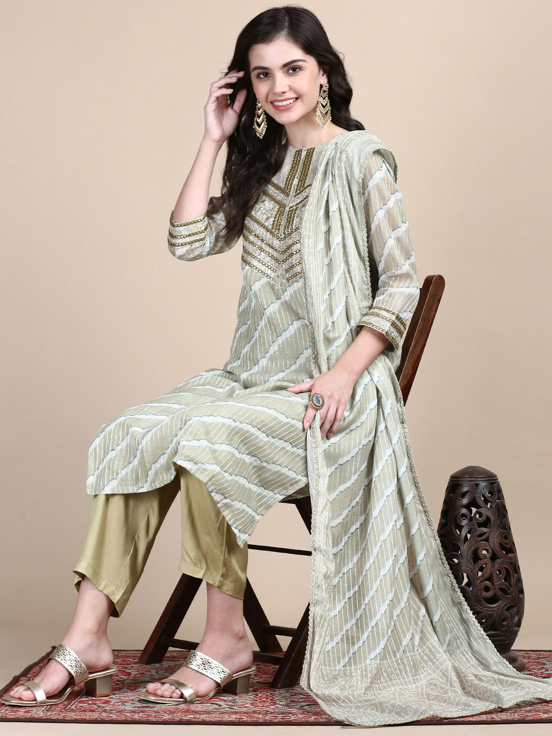 Women Green Leheriya Straight Kurta Set with Dupatta