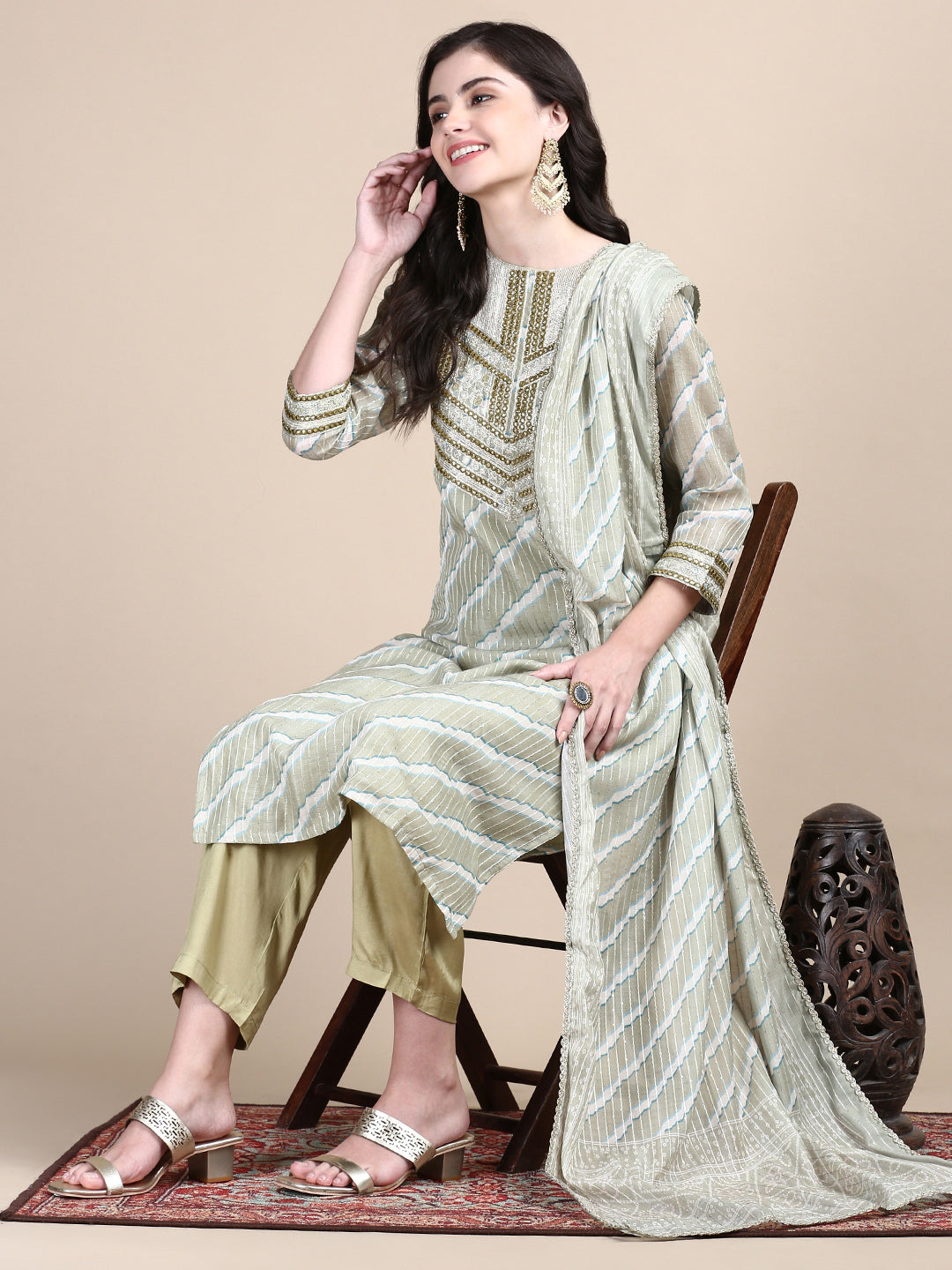 Women Green Leheriya Straight Kurta Set with Dupatta