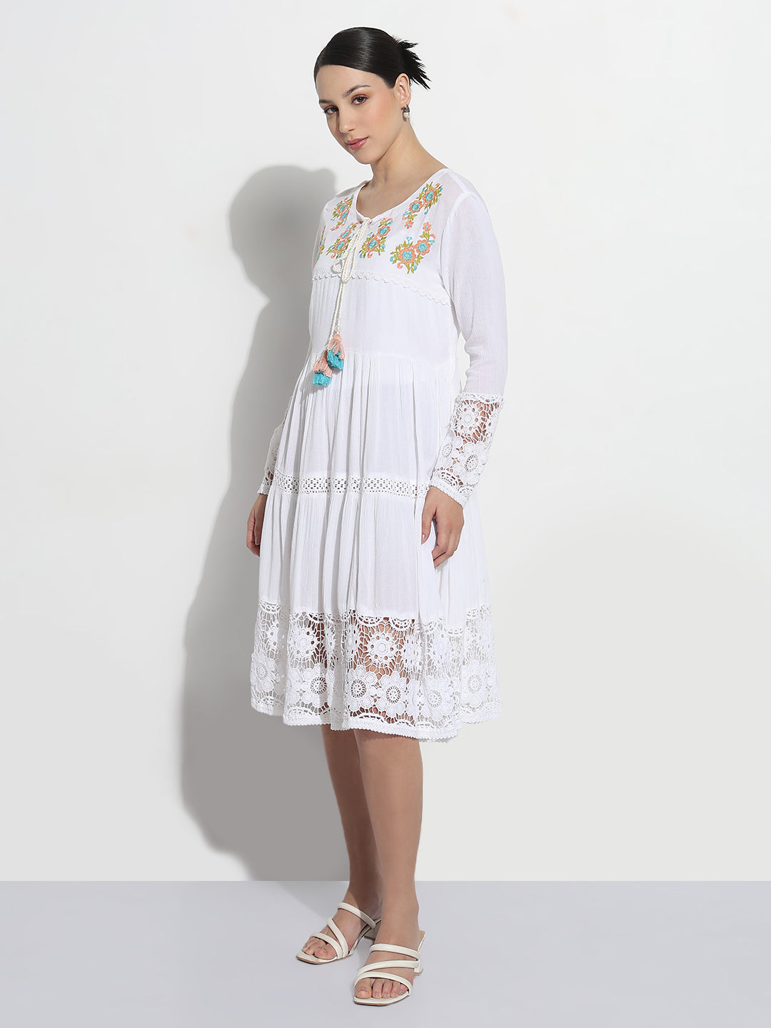 Women's White Embroidered A-Line Dress with Lace & Tassels