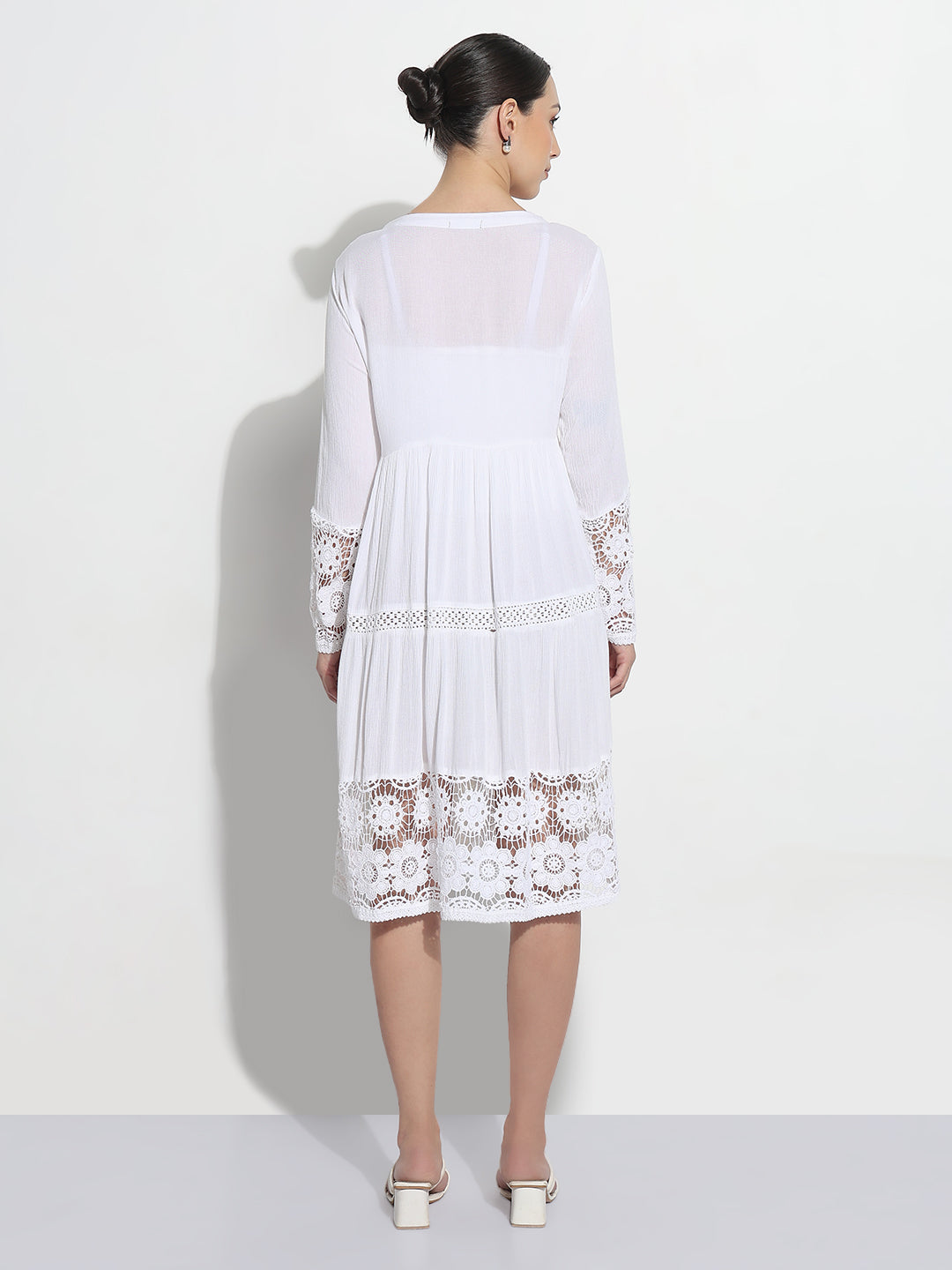 Women's White Embroidered A-Line Dress with Lace & Tassels
