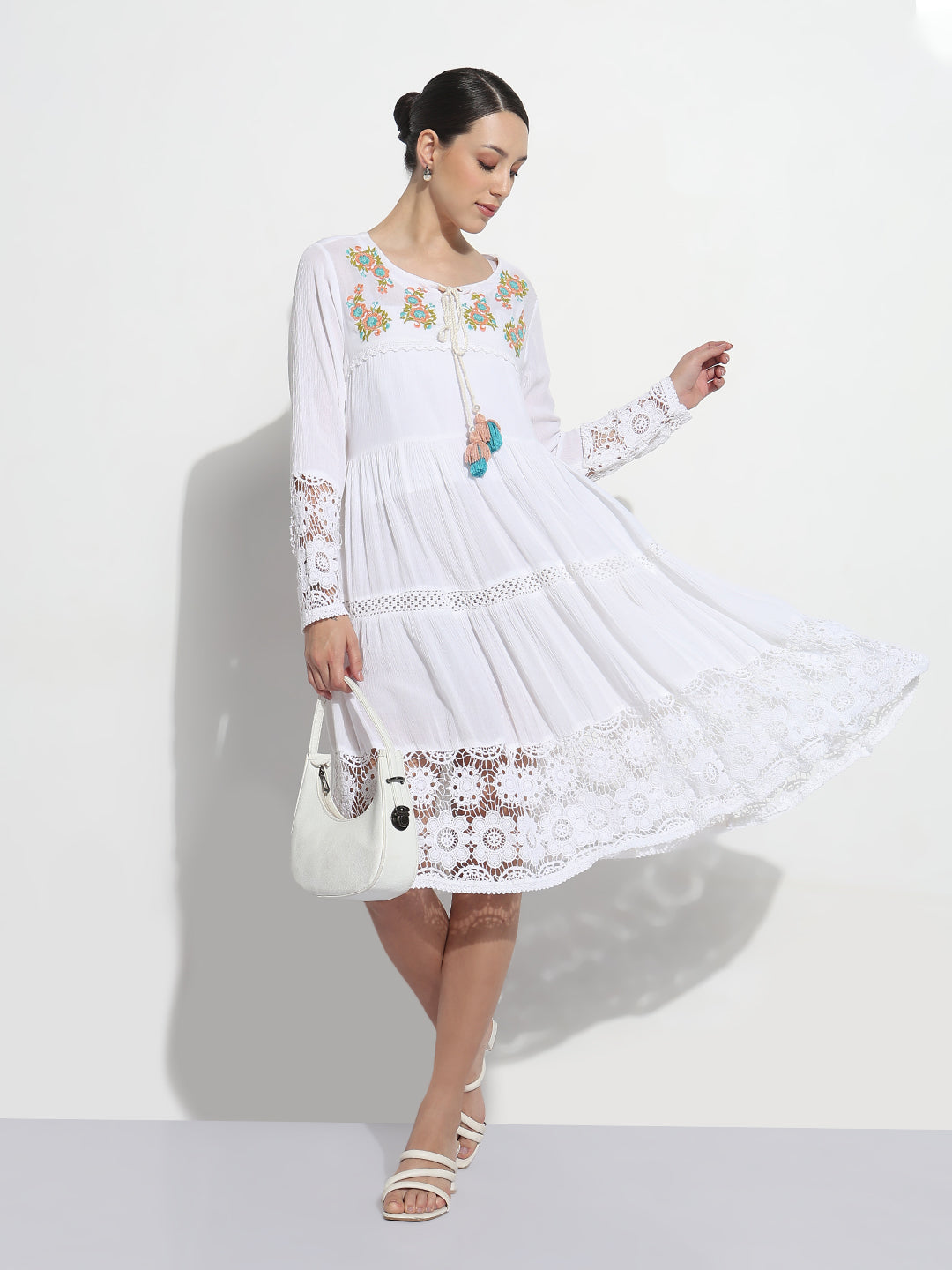 Women's White Embroidered A-Line Dress with Lace & Tassels