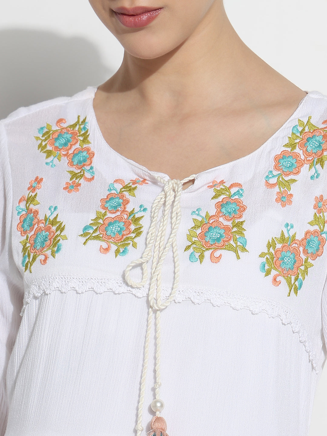 Women's White Embroidered A-Line Dress with Lace & Tassels