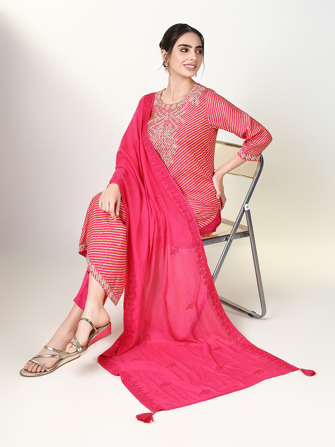 Women Striped Pink Straight Kurta Set with Dupatta