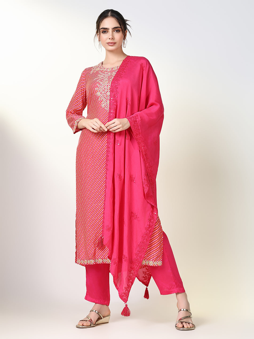 Women Striped Pink Straight Kurta Set with Dupatta