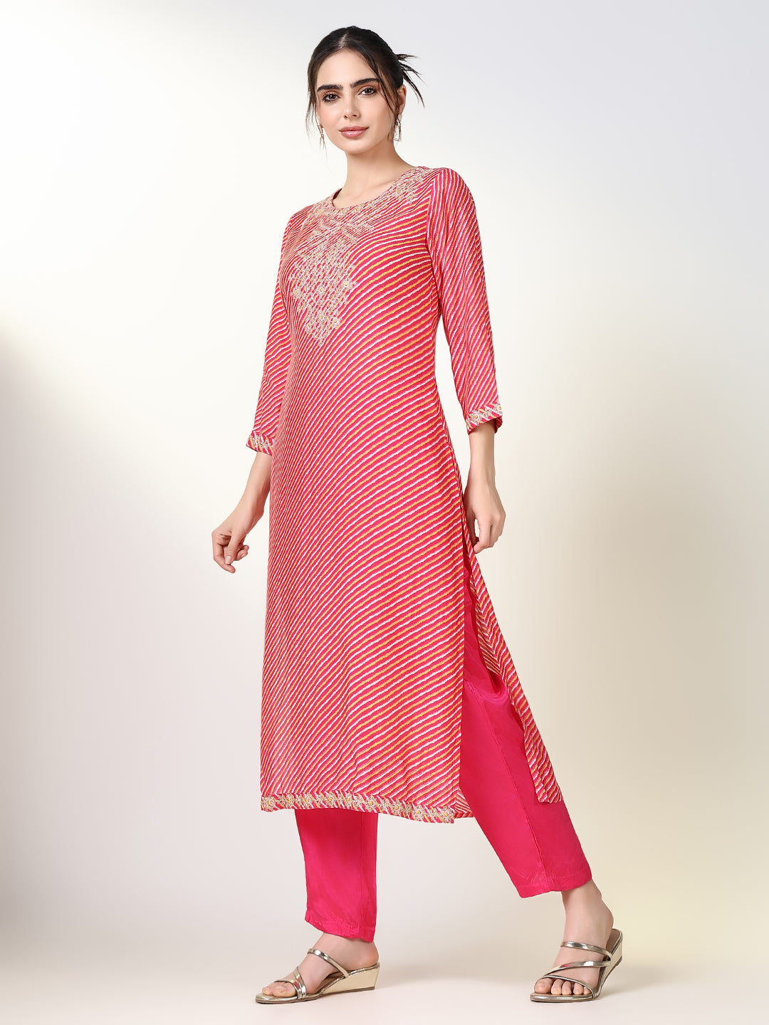 Women Striped Pink Straight Kurta Set with Dupatta