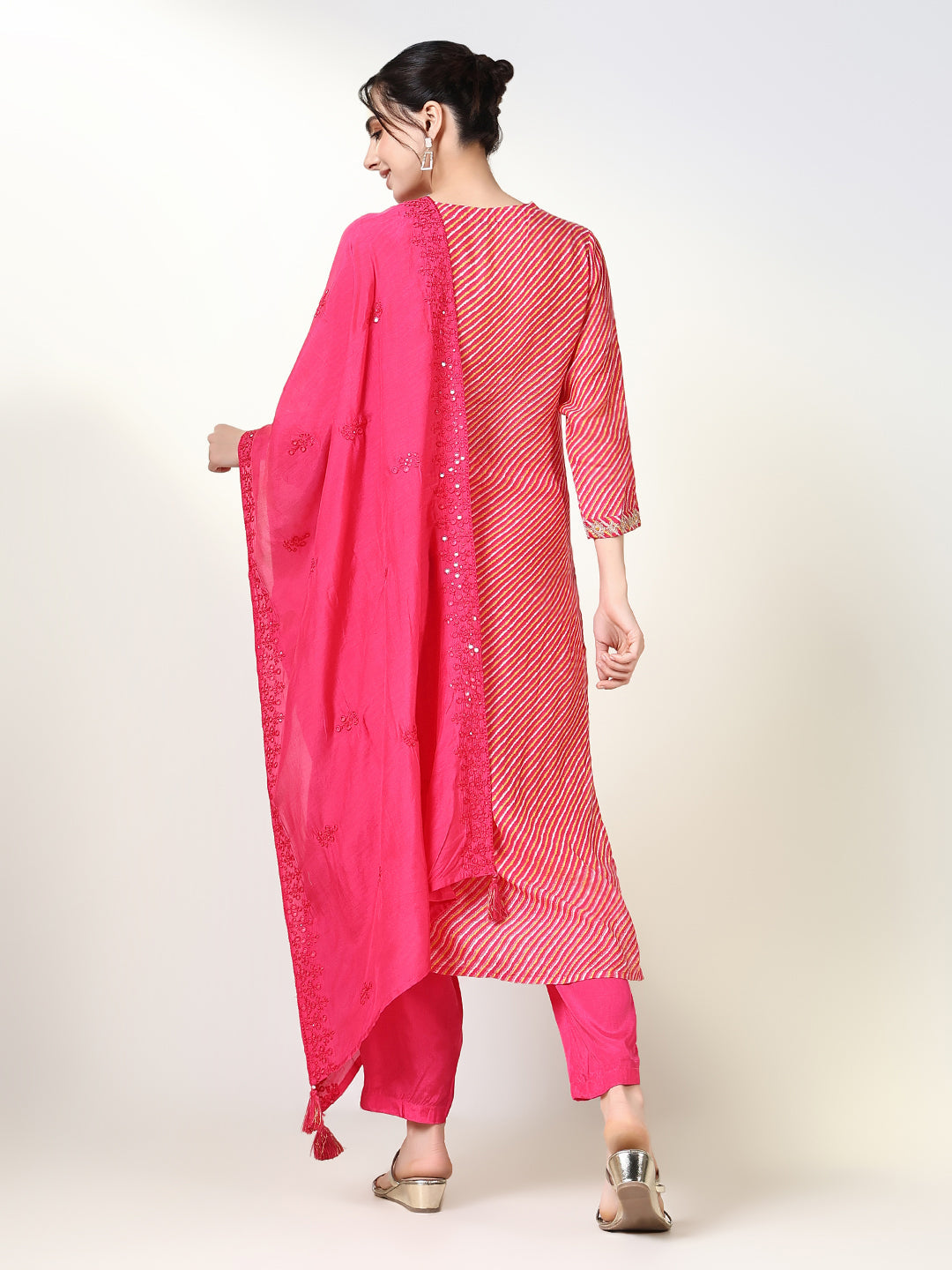 Women Striped Pink Straight Kurta Set with Dupatta