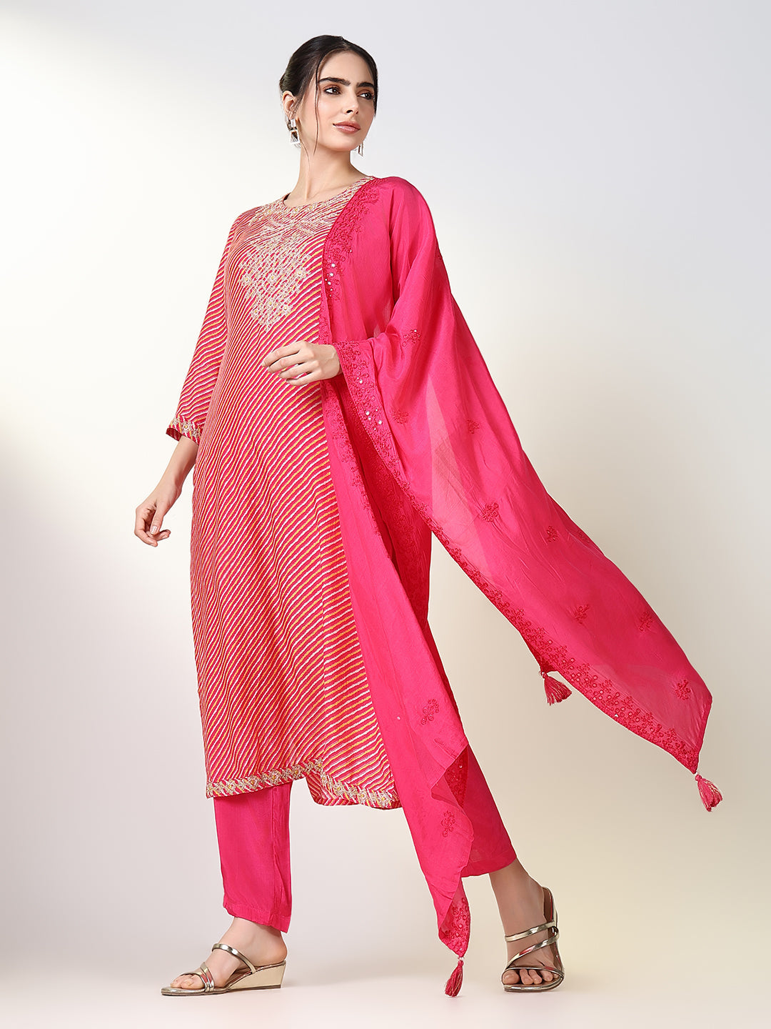 Women Striped Pink Straight Kurta Set with Dupatta