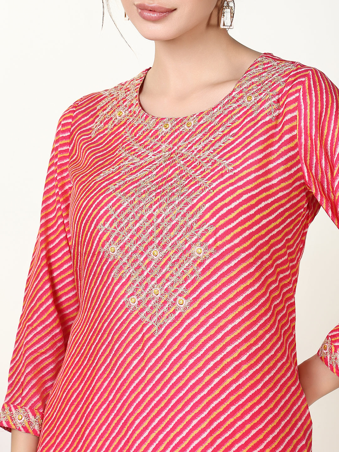 Women Striped Pink Straight Kurta Set with Dupatta