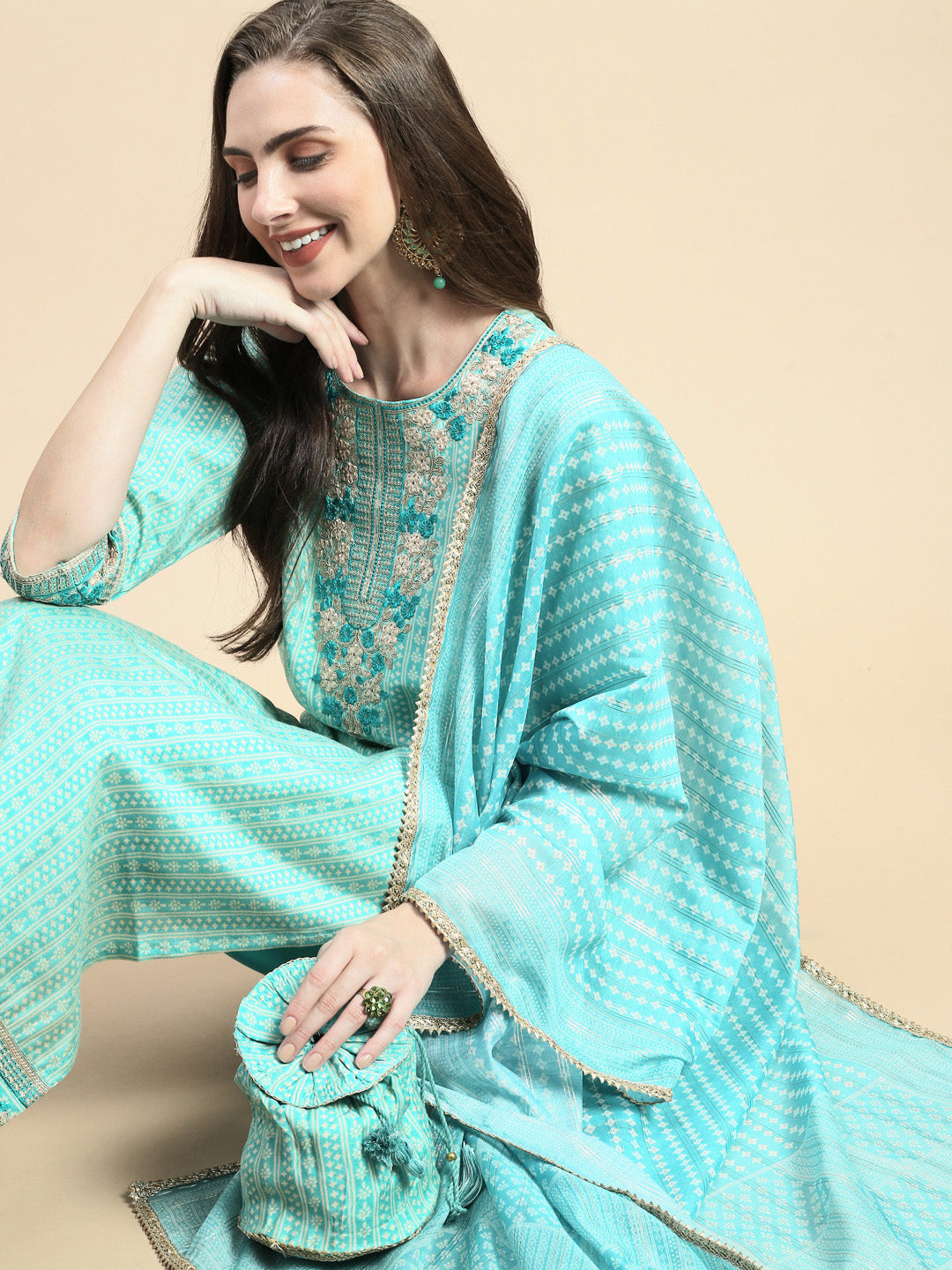 Women Striped Sea Green Straight Kurta Set with Dupatta and Potli Bag