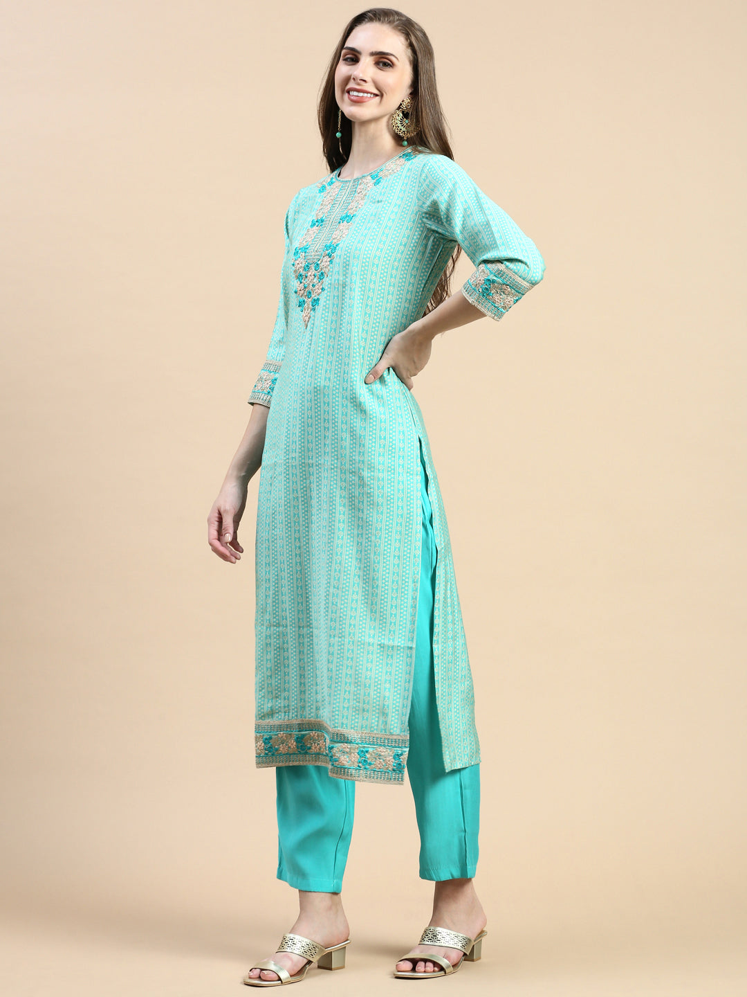 Women Striped Sea Green Straight Kurta Set with Dupatta and Potli Bag