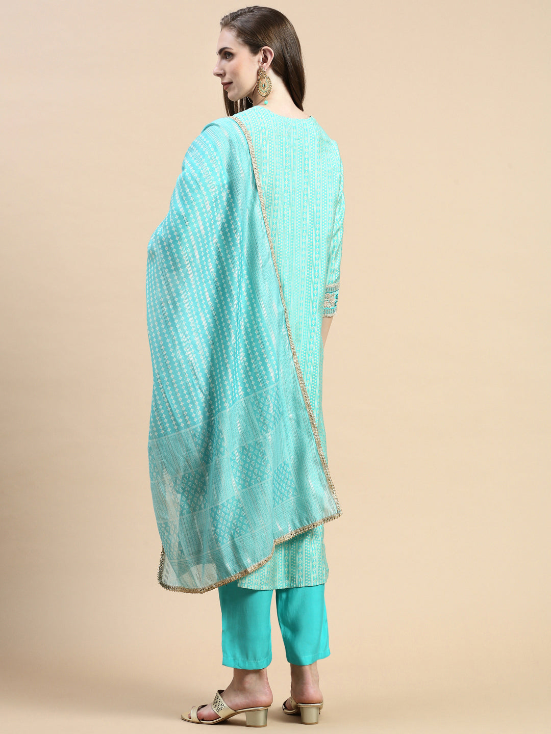 Women Striped Sea Green Straight Kurta Set with Dupatta and Potli Bag