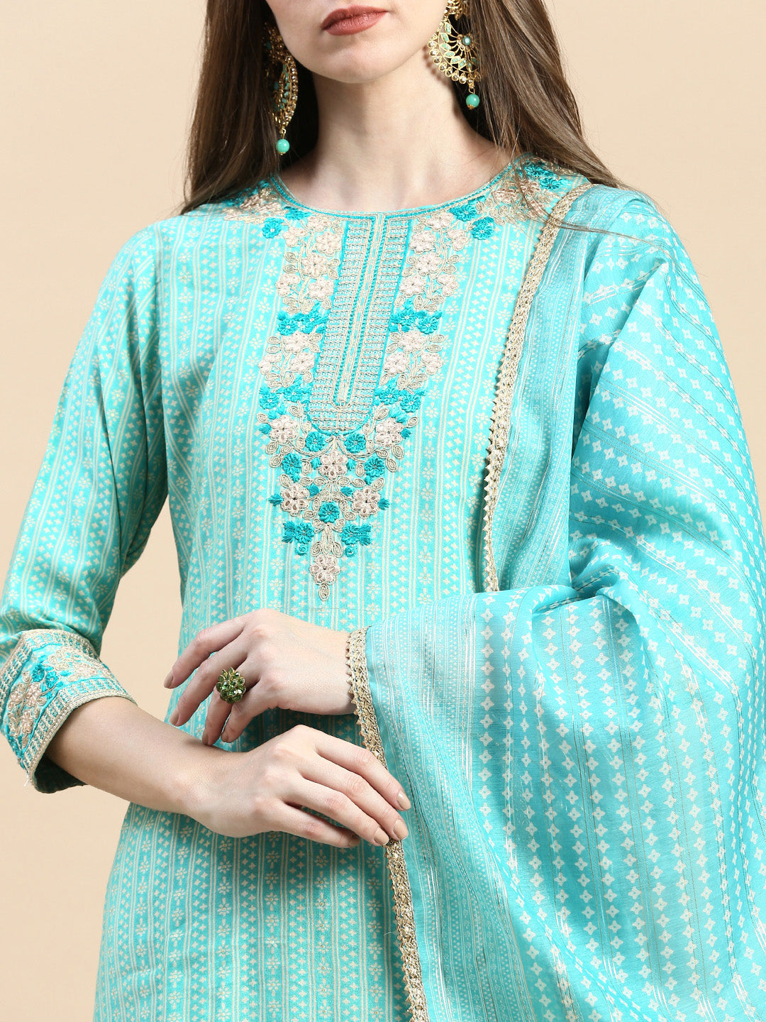 Women Striped Sea Green Straight Kurta Set with Dupatta and Potli Bag