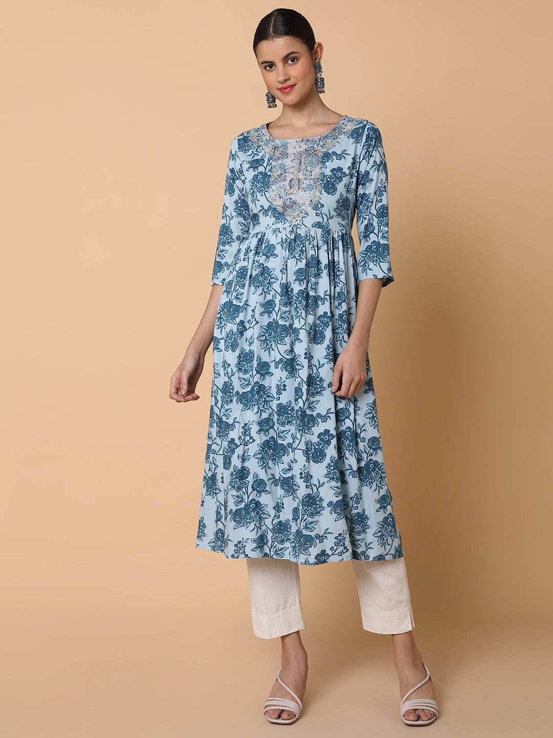 Women Floral Blue Anarkali Kurta