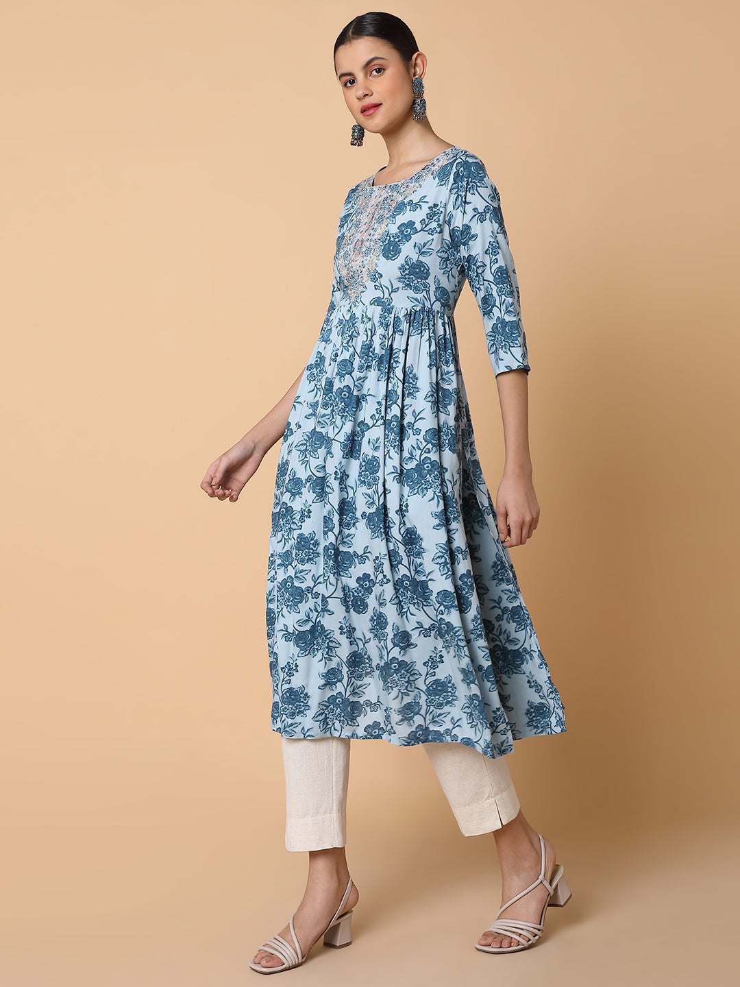 Women Floral Blue Anarkali Kurta