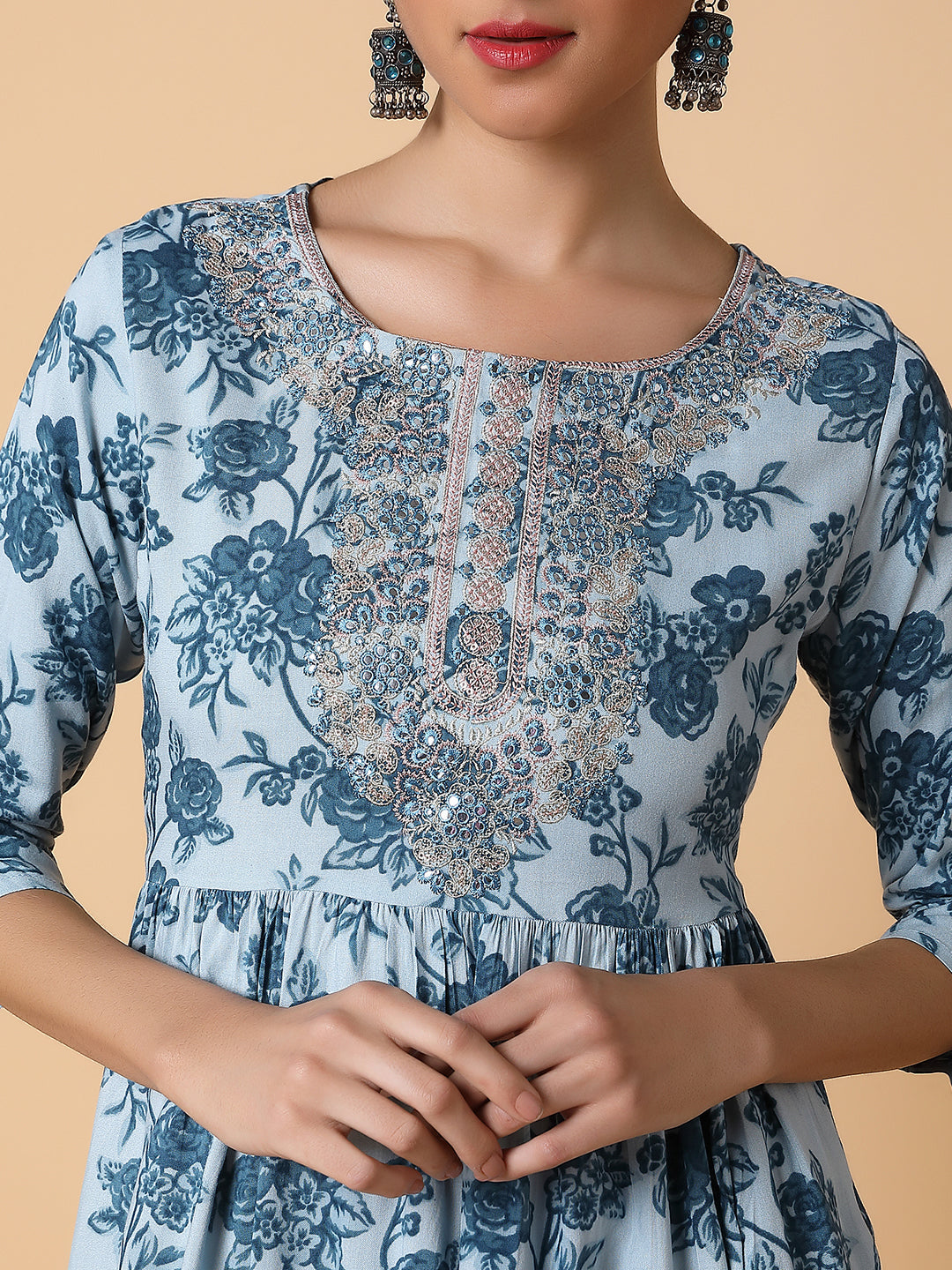 Women Floral Blue Anarkali Kurta