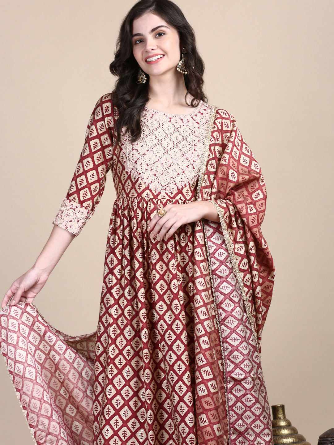 Women Maroon Graphic Kurta Set with Dupatta and Potli Bag