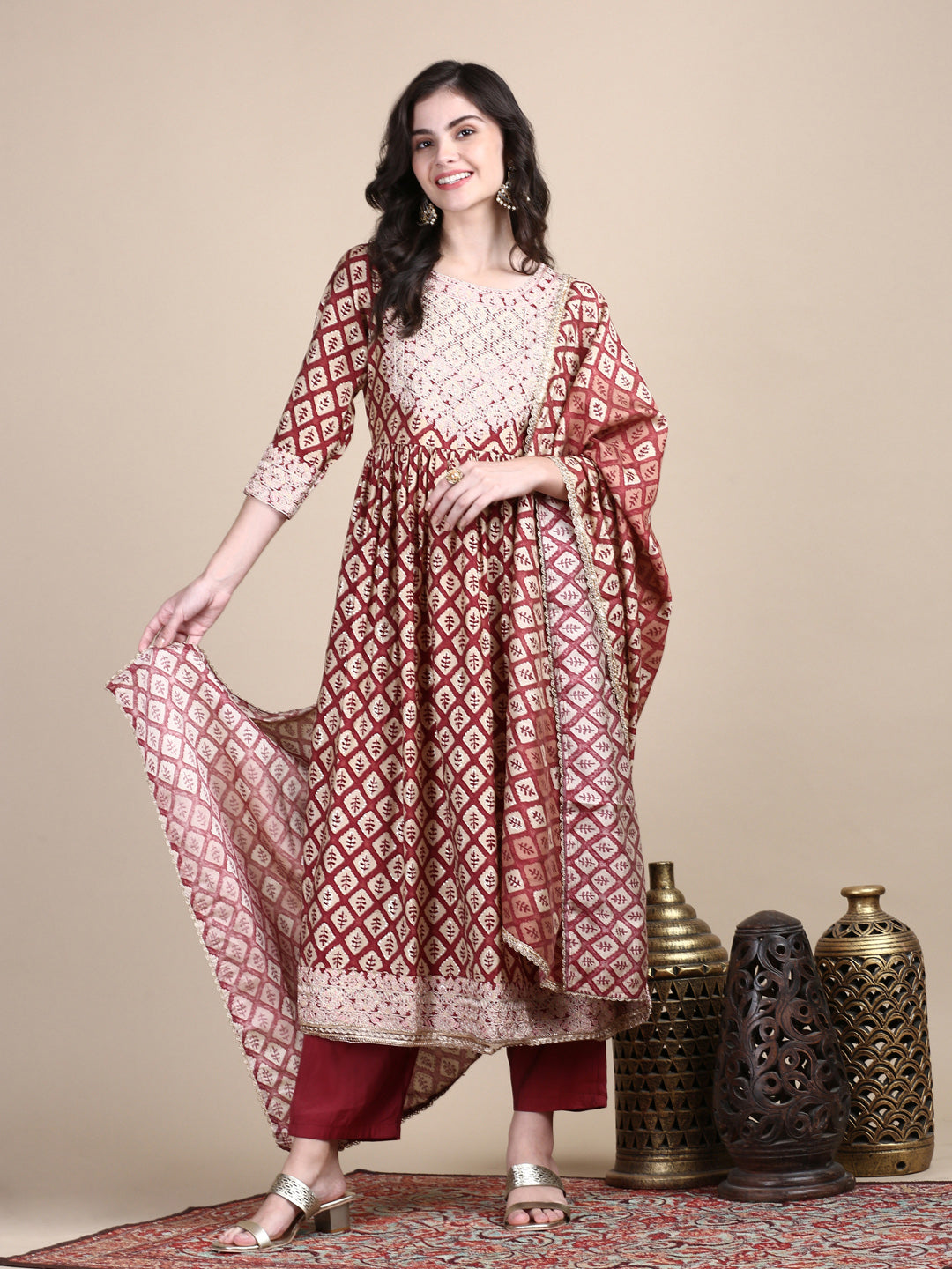 Women Maroon Graphic Kurta Set with Dupatta and Potli Bag