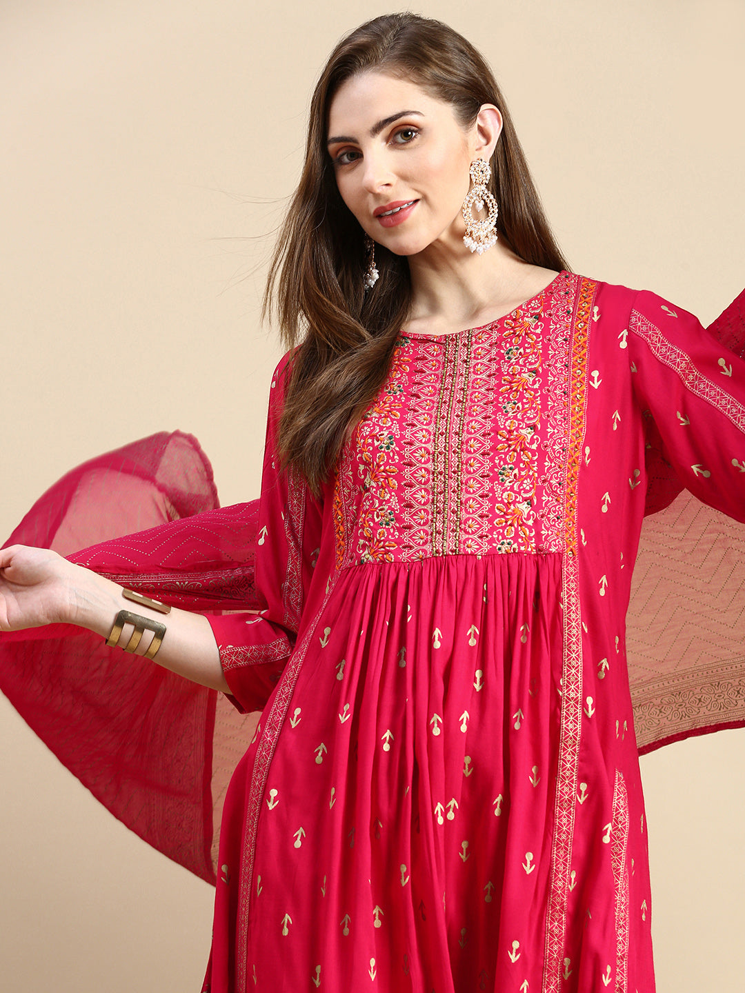 Women Floral Pink A-Line Kurta Set with Dupatta